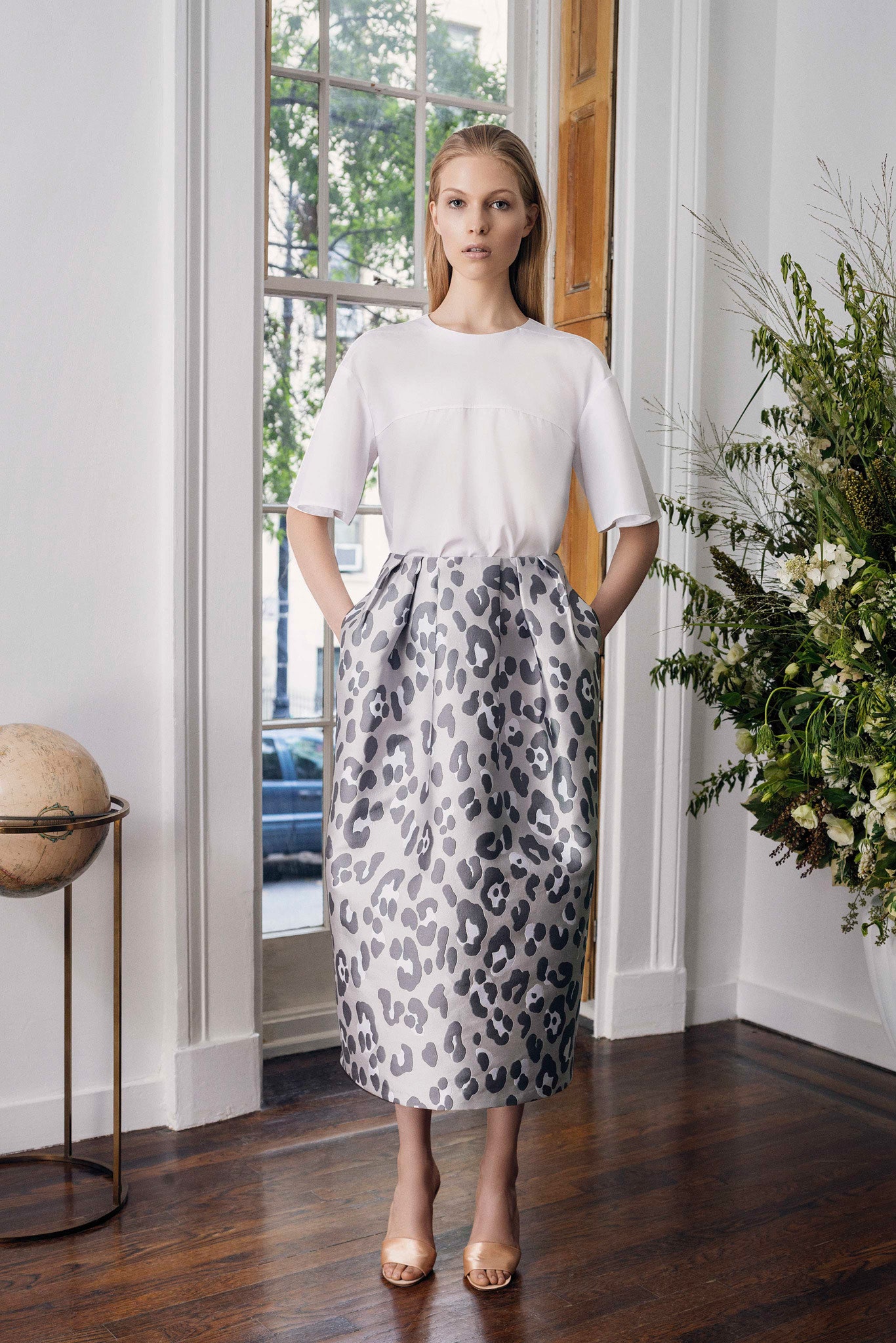 gray silk relaxed printed midi skirt