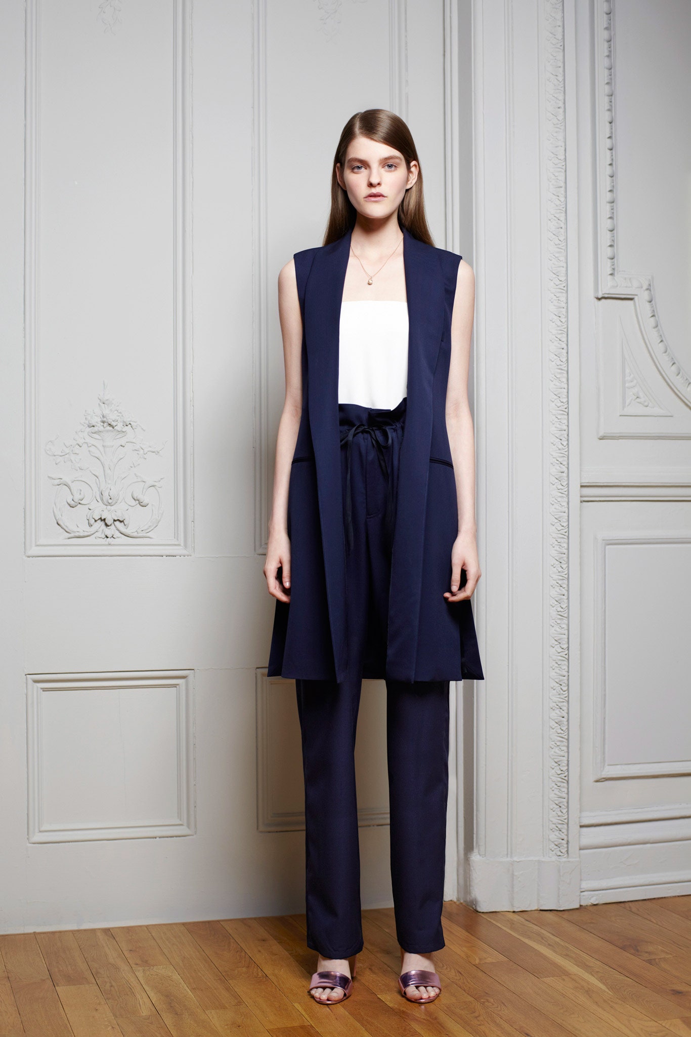 blue cotton sleeveless collared tailored layered vest
