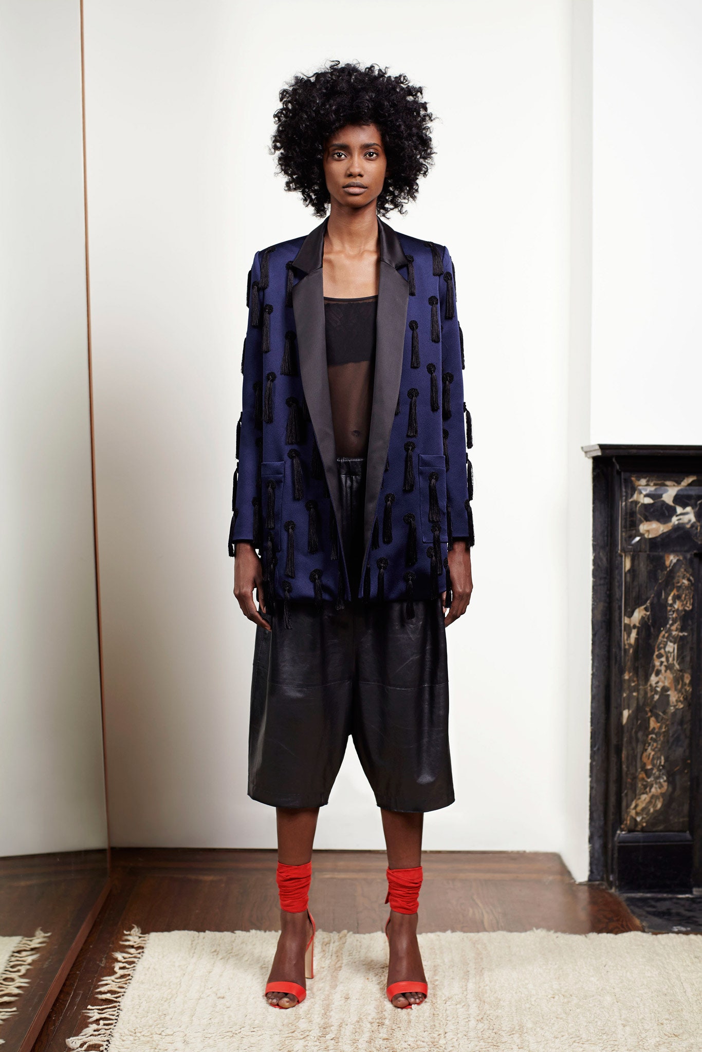 blue silk long-sleeve collared structured embroidered blazer