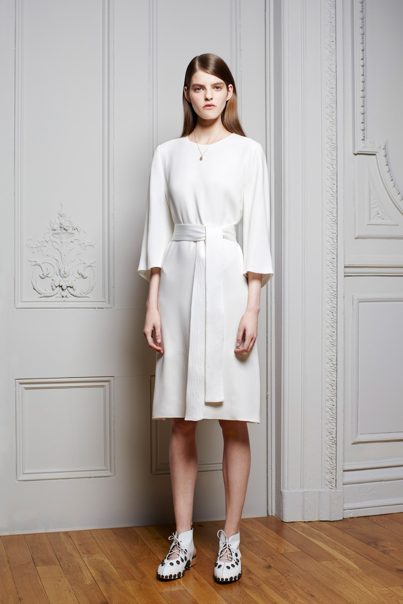 white silk belted midi dress