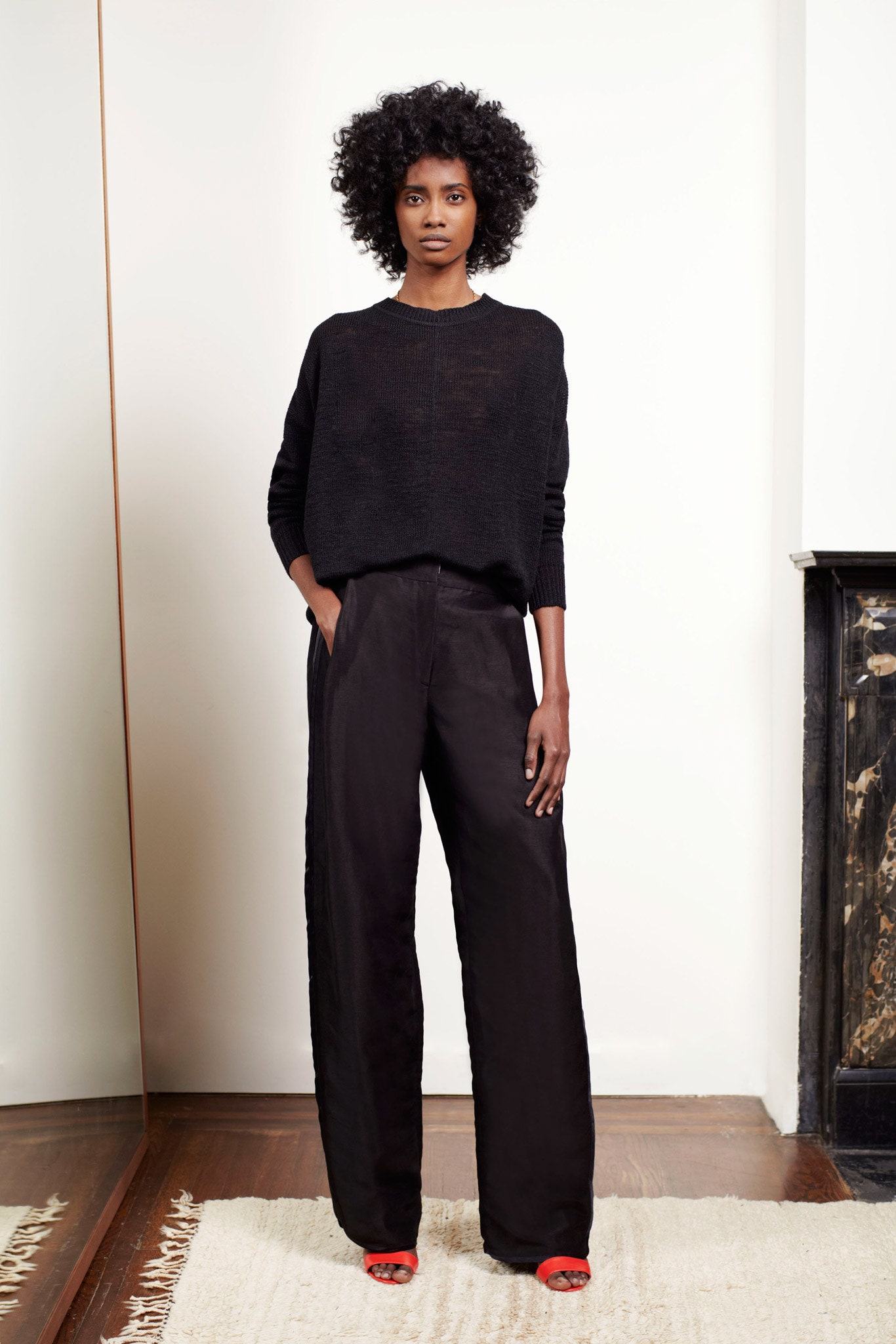 black wool long-sleeve collared relaxed top