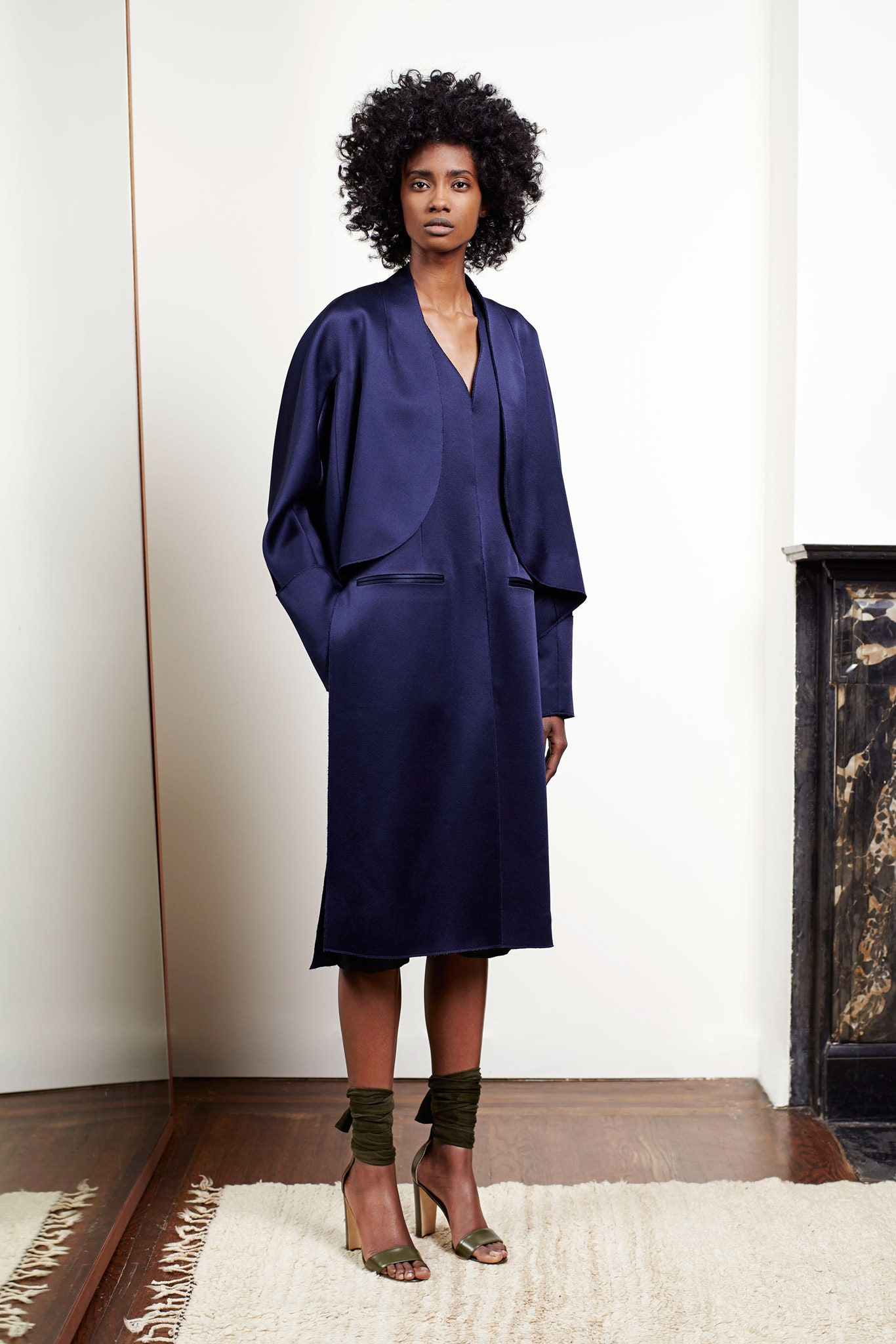 blue silk long-sleeve v-neck relaxed straight-leg midi dress