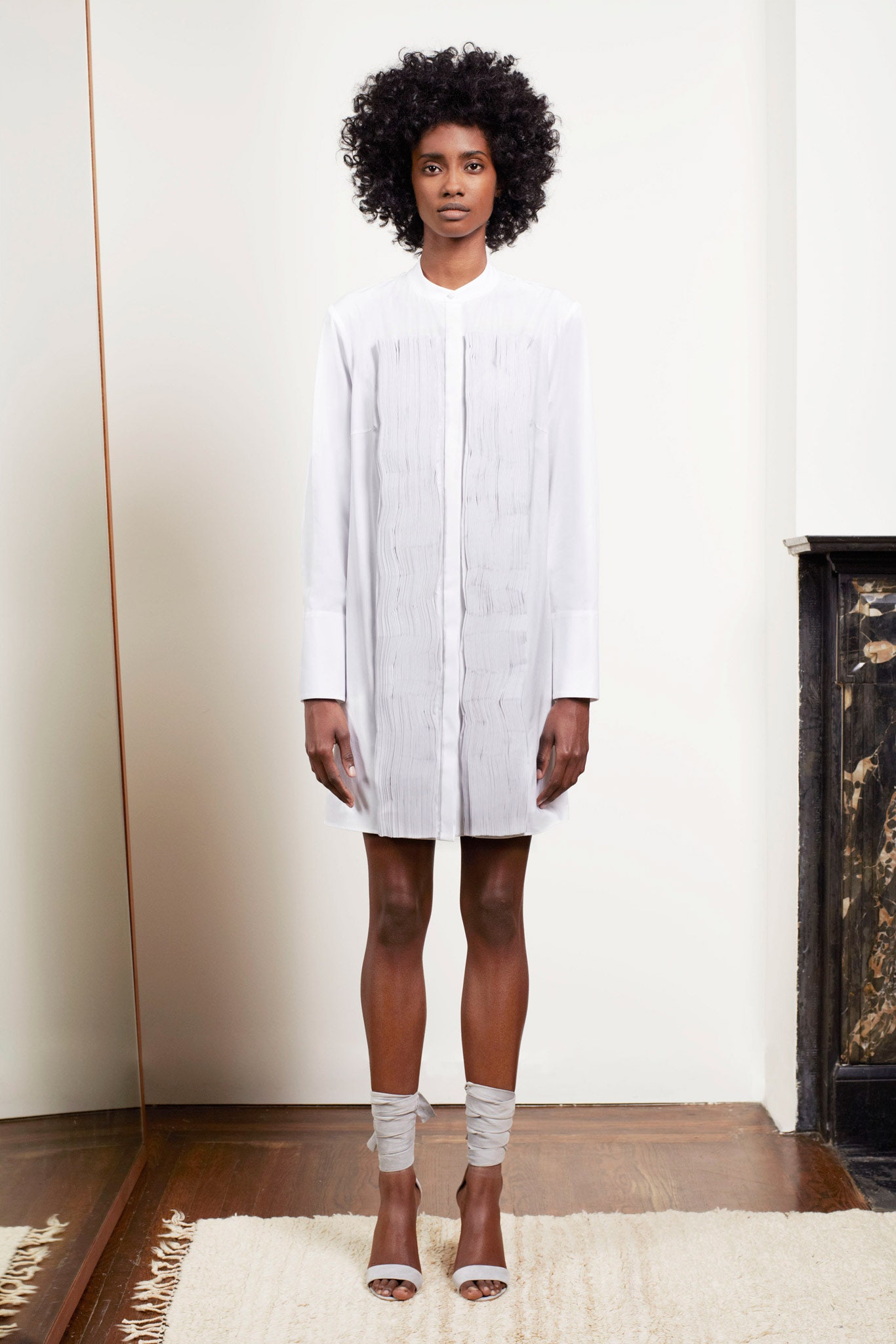white silk fitted shirt-dress