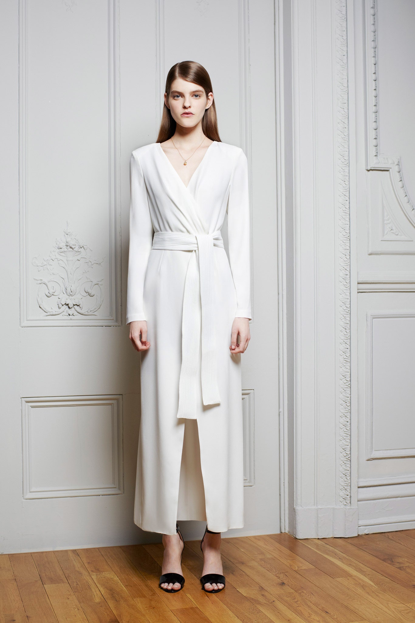 white silk long-sleeve wrap dress