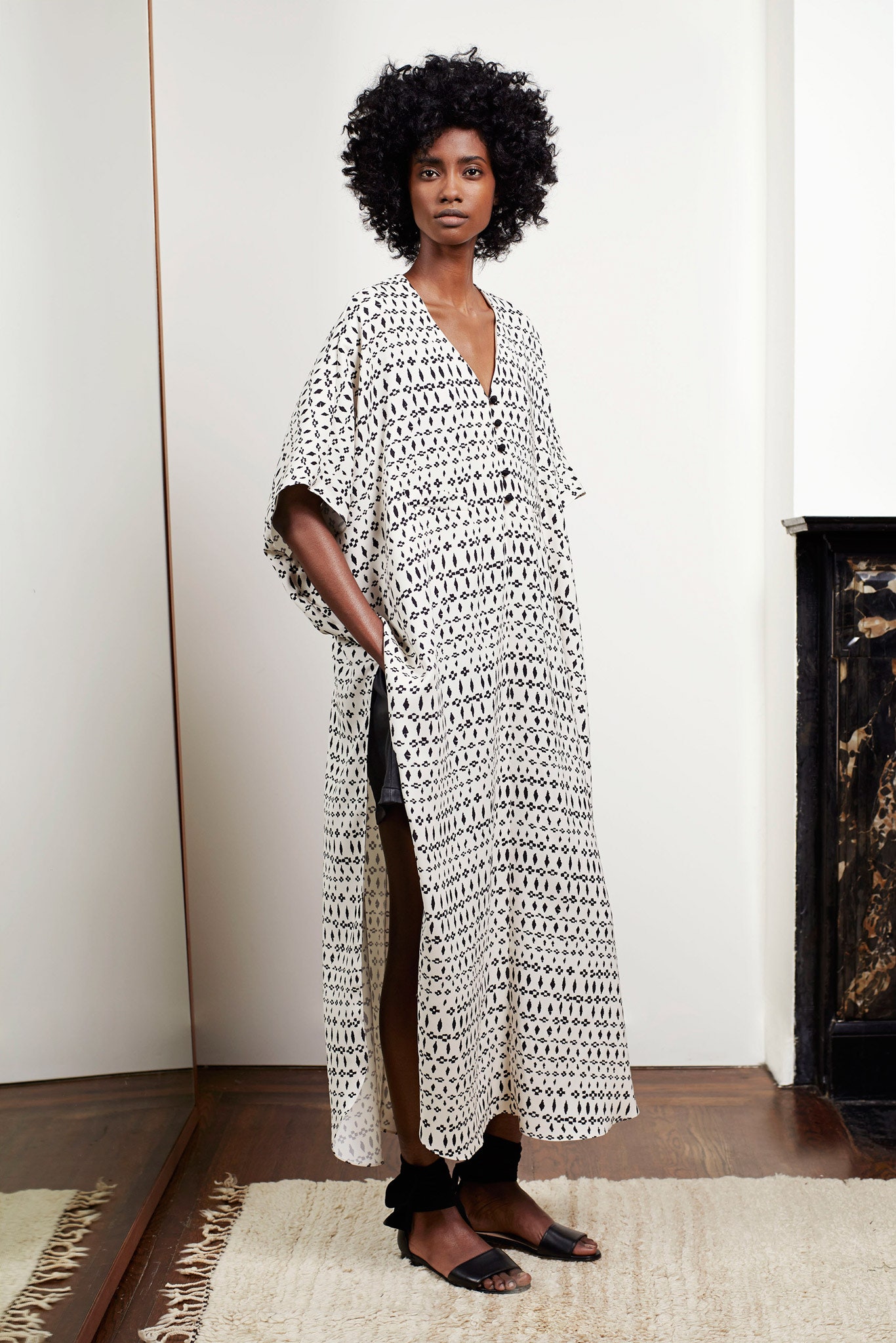 white and black printed maxi dress