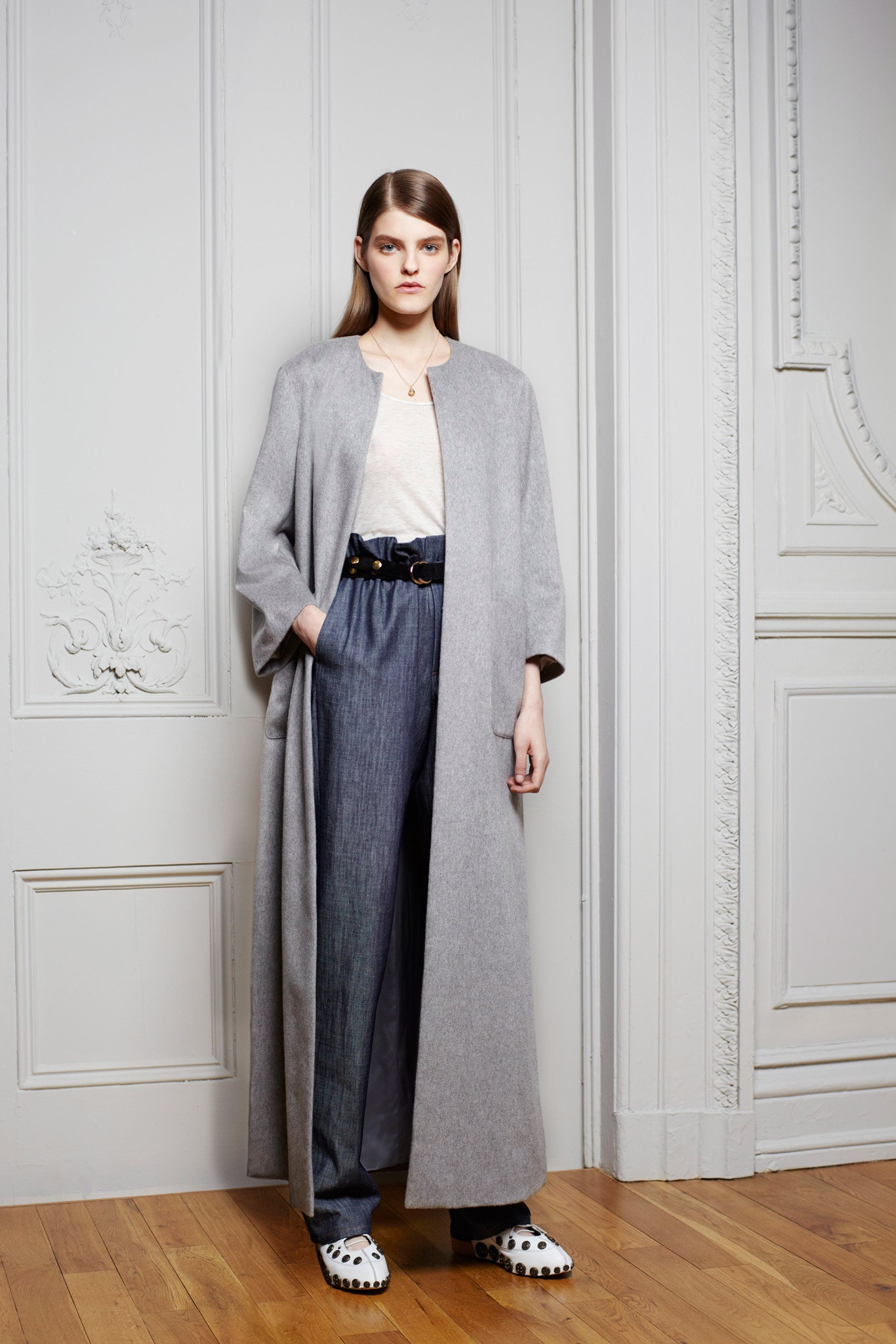 gray wool long-sleeve collared relaxed draped maxi coat