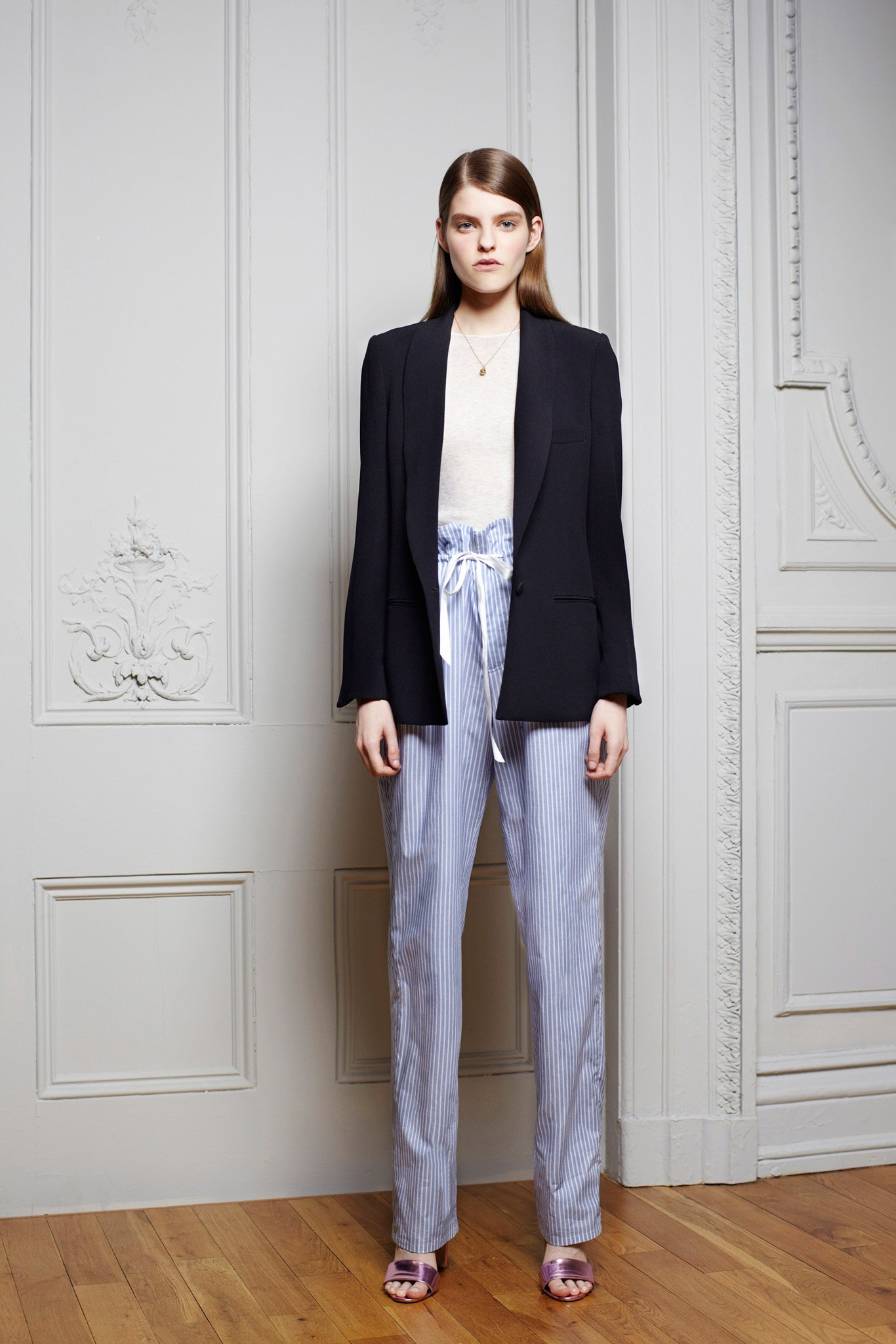 black blazer white top striped pants