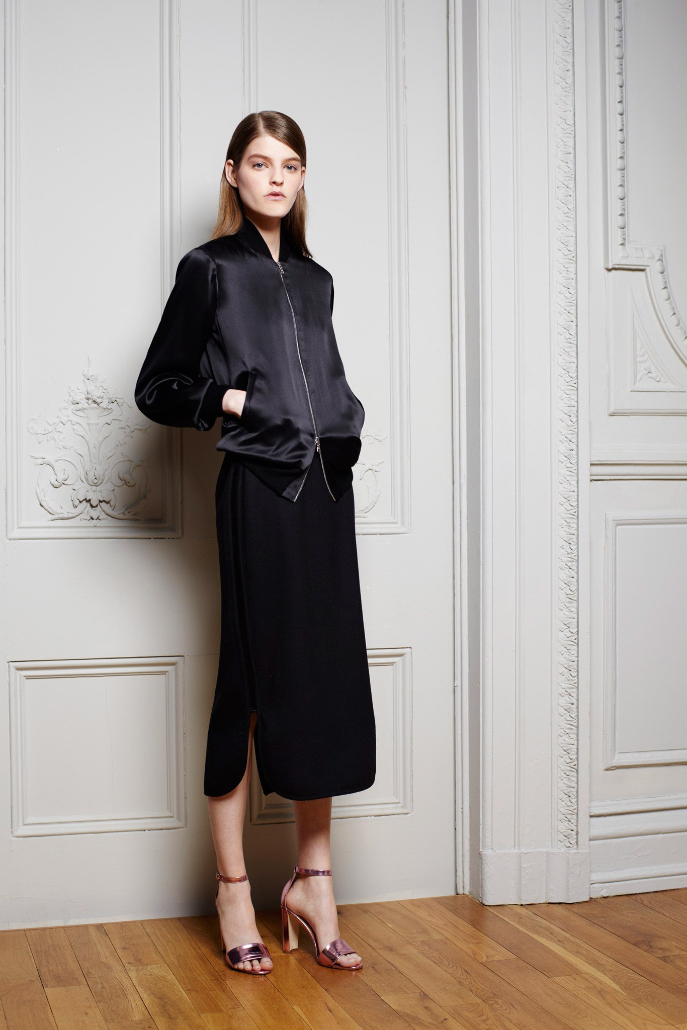 black silk sleeveless slit fitted straight-leg midi dress