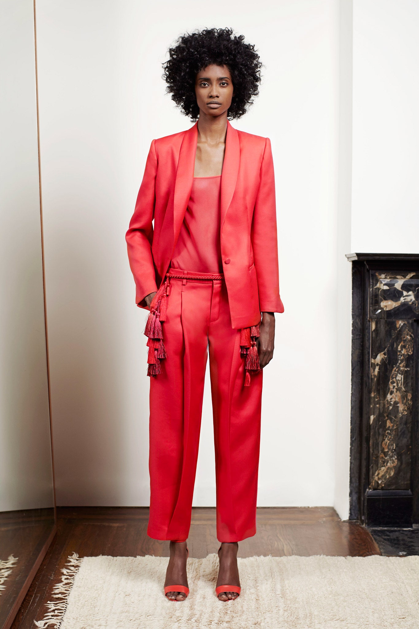 red silk long-sleeve collared tailored buttoned blazer