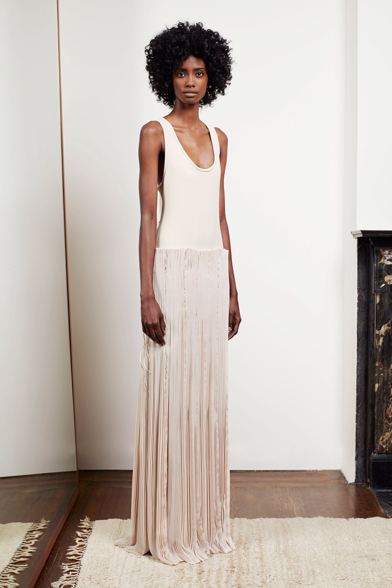 beige silk sleeveless pleated dress
