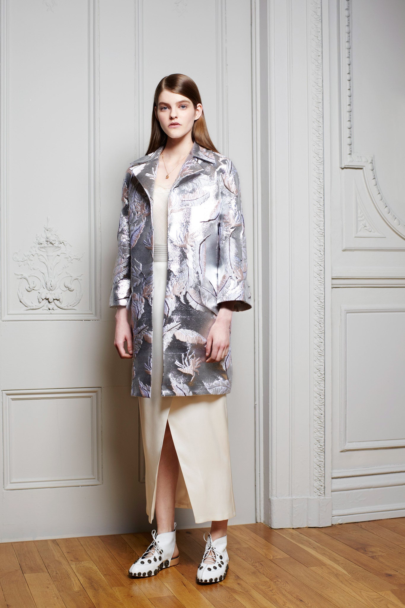 gray metallic long-sleeve collared relaxed draped shiny coat