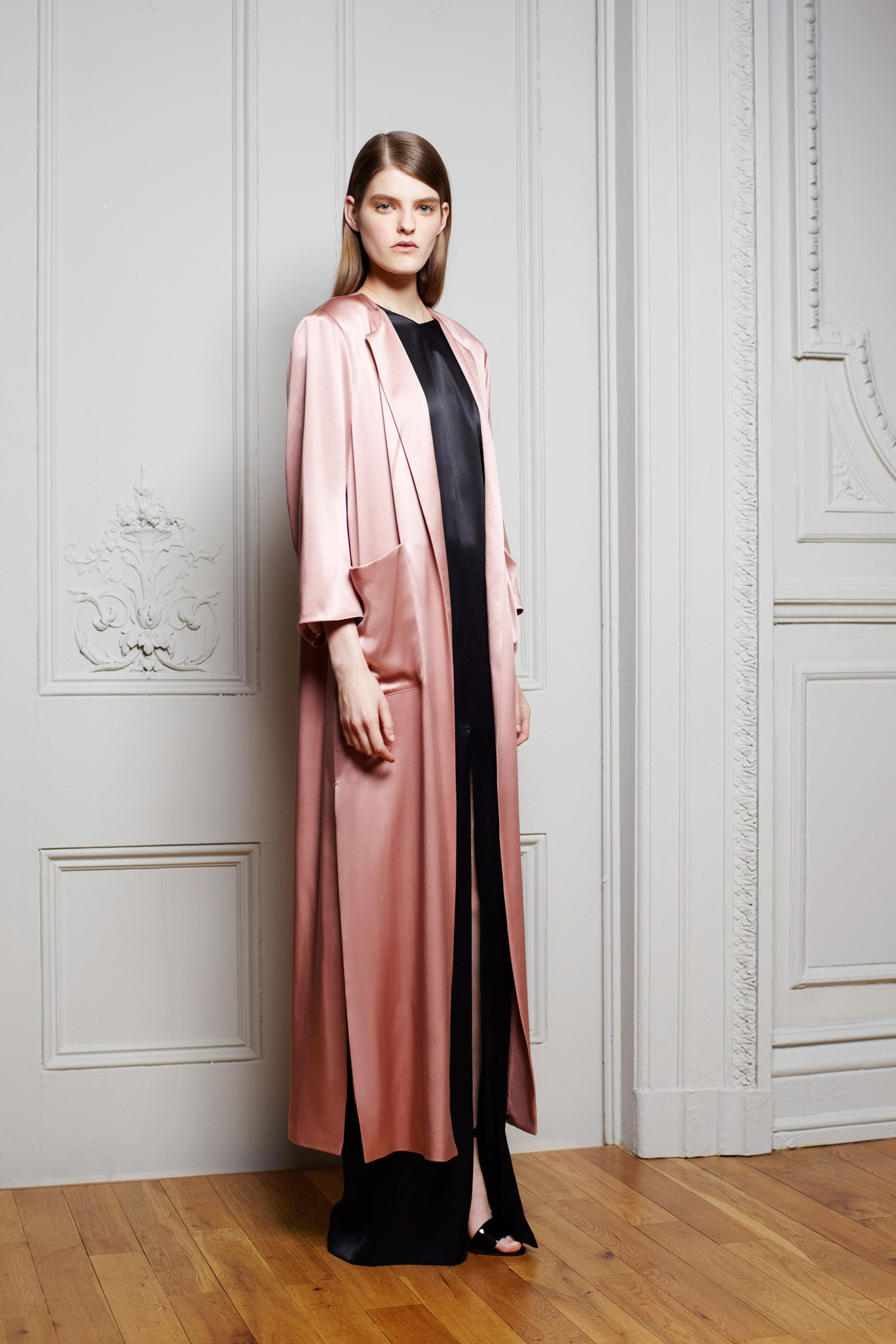 pink silk long-sleeve collared relaxed draped flowing coat