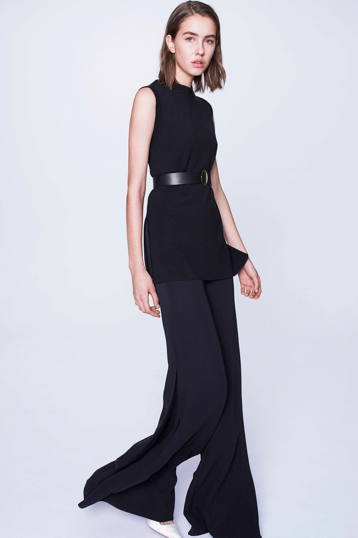 black fitted top with wide-leg pants