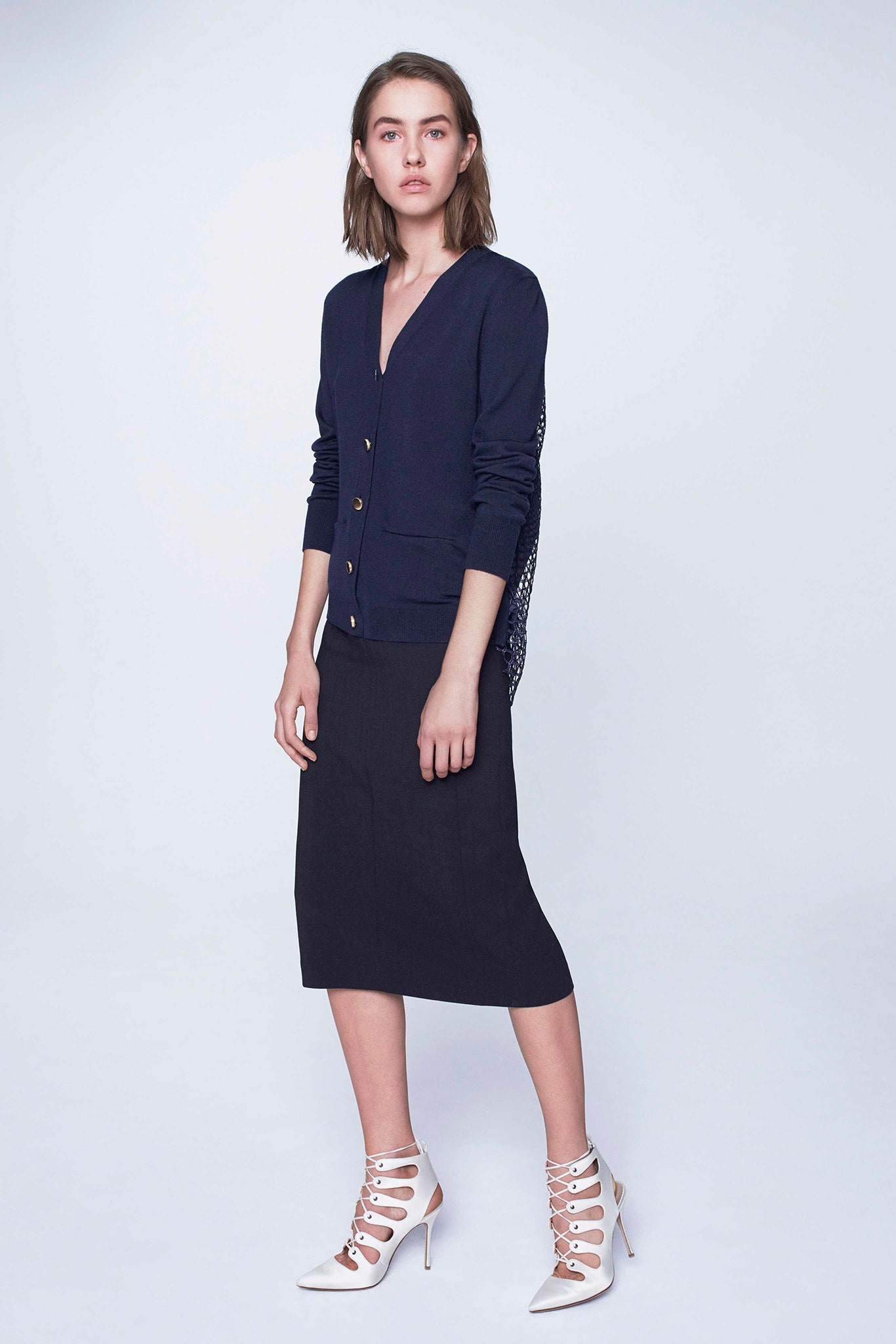 navy cardigan black pencil skirt