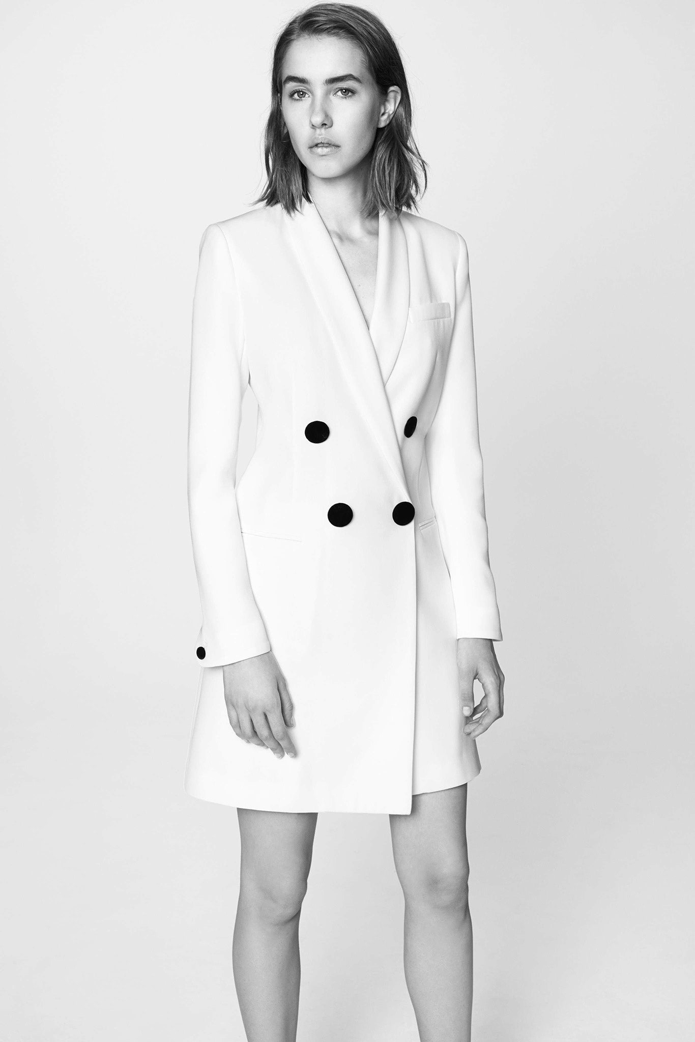 fitted white double-breasted blazer