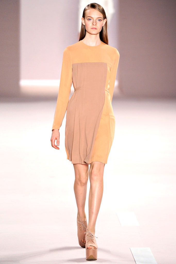 beige silk fitted long-sleeve dress