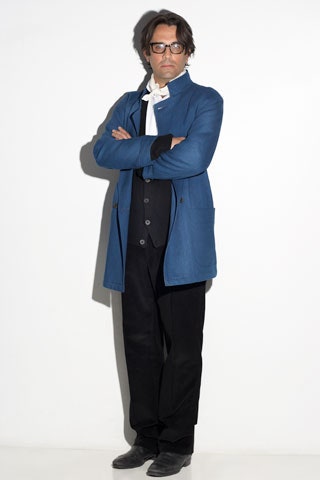 blue jacket white shirt black pants