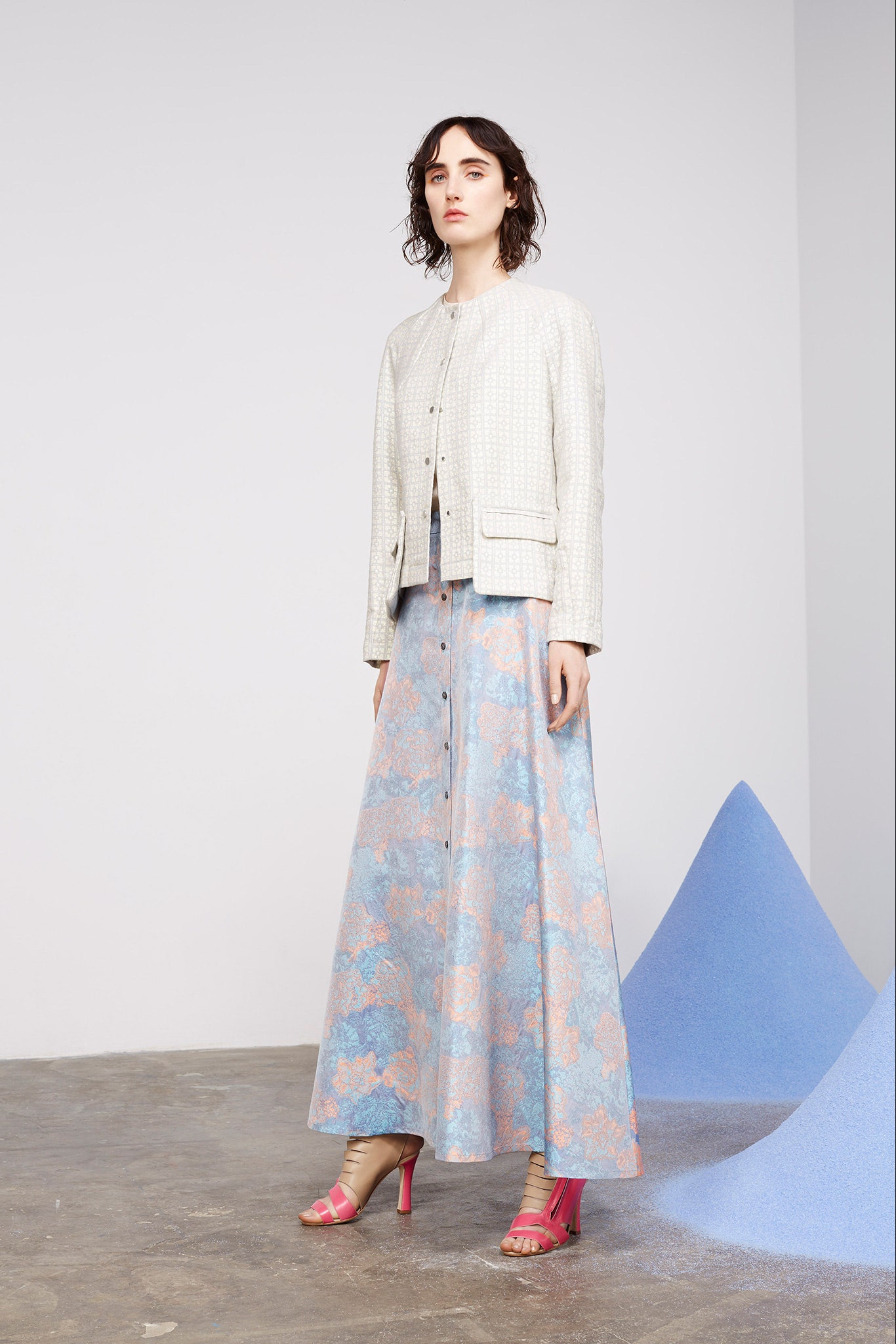 white fitted jacket with maxi skirt
