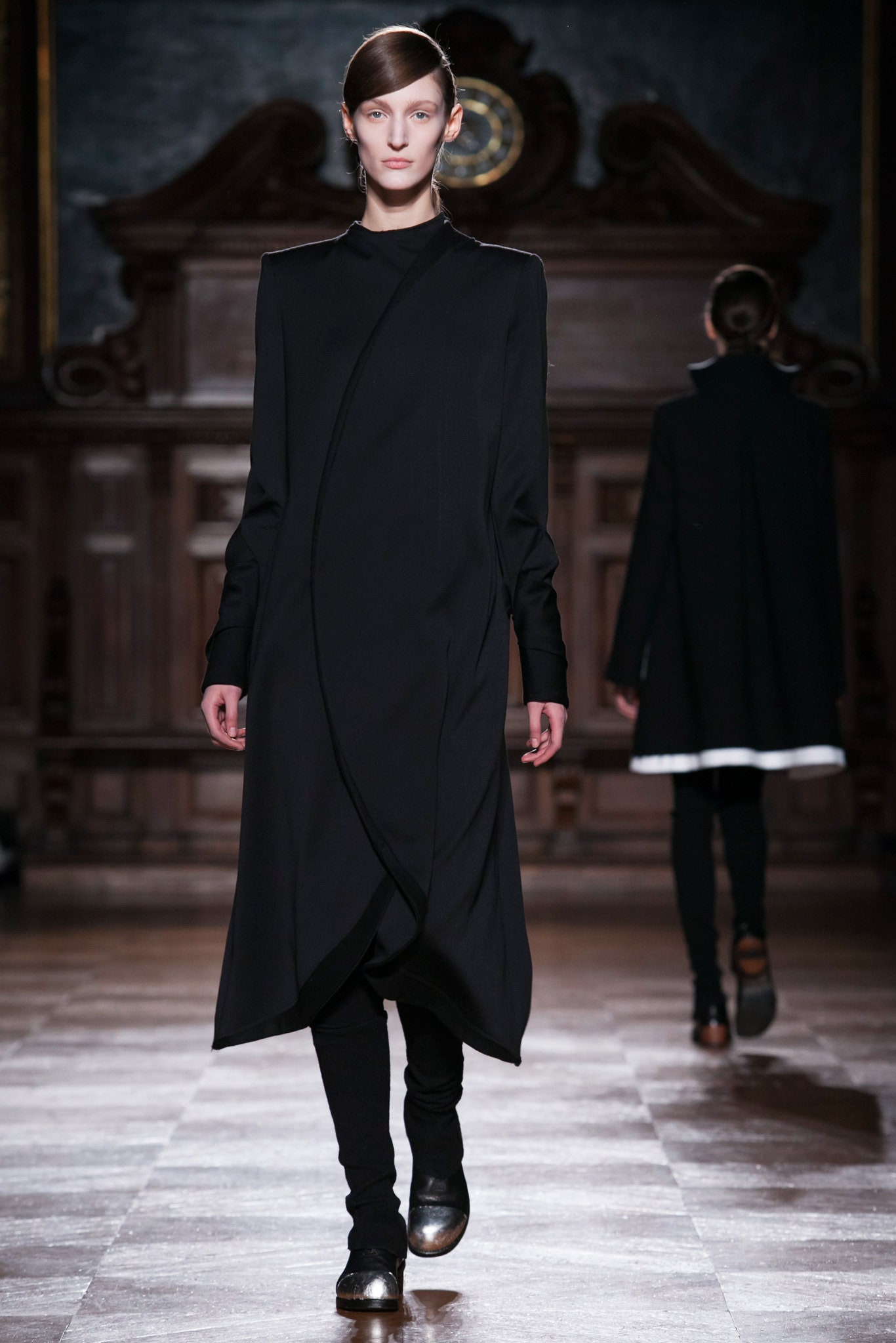 black wool coat with asymmetric design