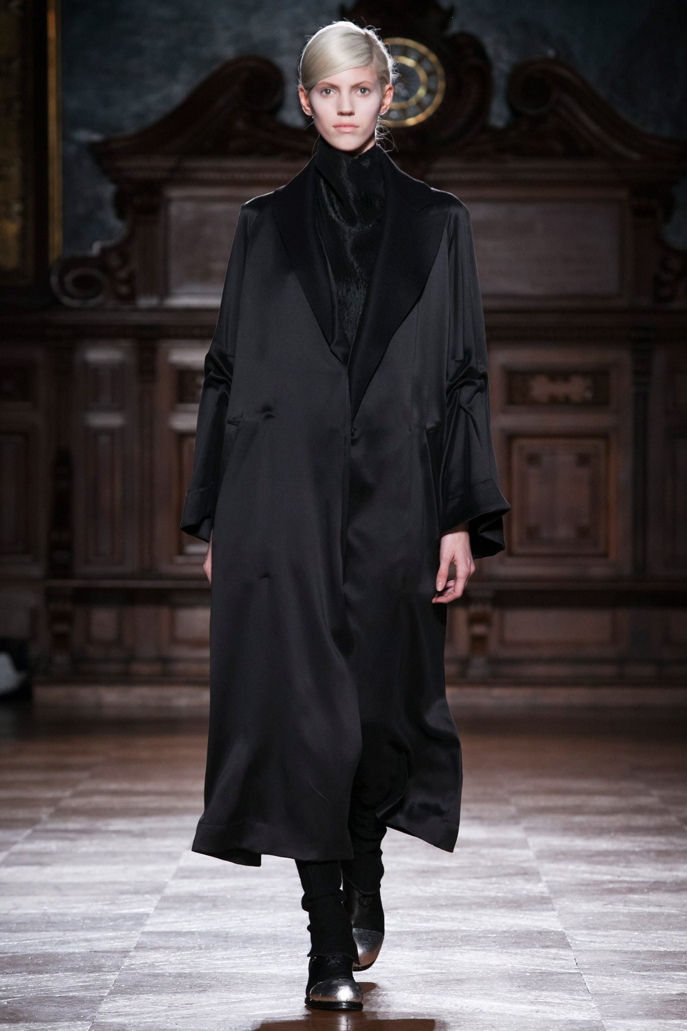 black silk relaxed coat and fitted pants