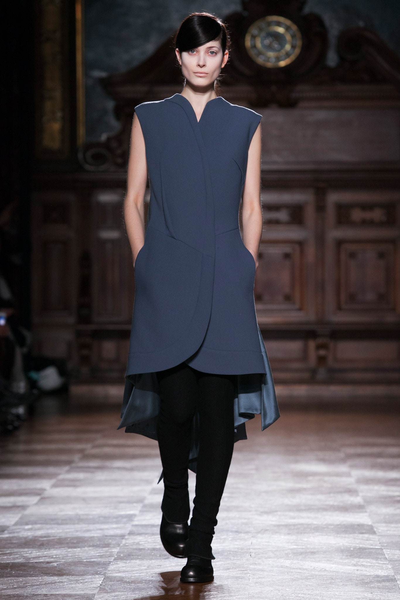 blue asymmetric midi dress with black pants