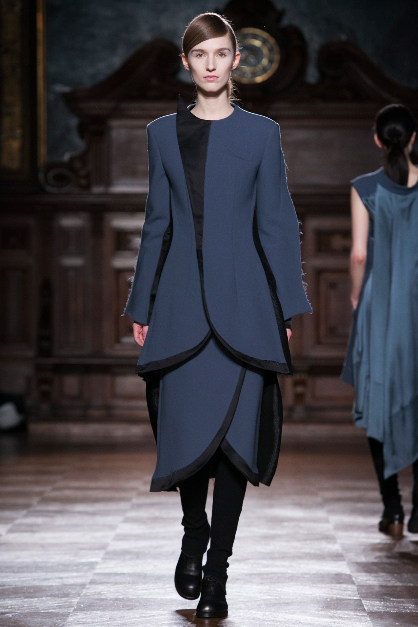 blue cotton long-sleeve collared fitted draped midi coat