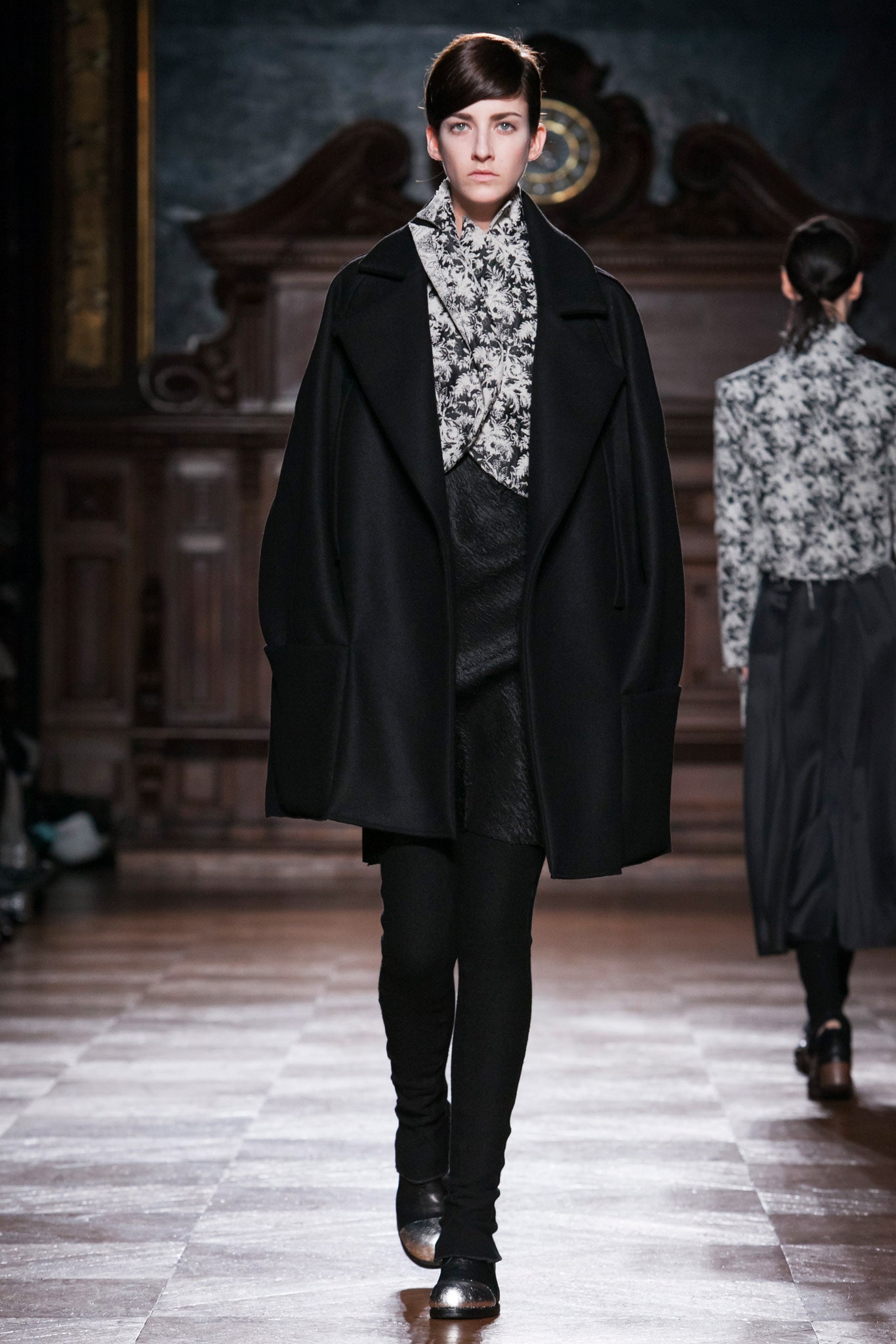 black oversized coat with floral blouse