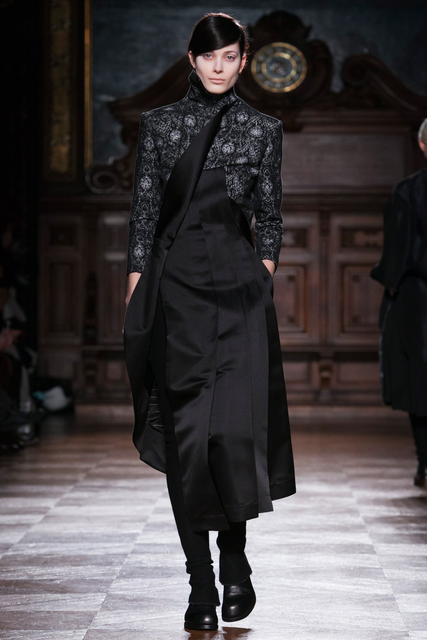 black silk midi dress and coat