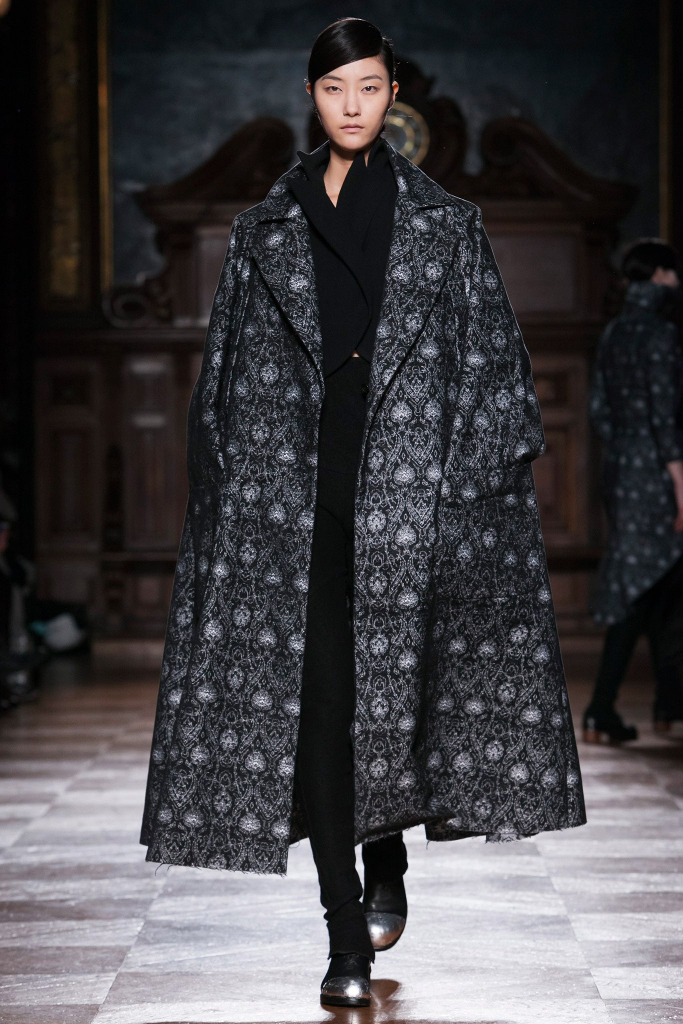 black printed maxi coat with fitted pants