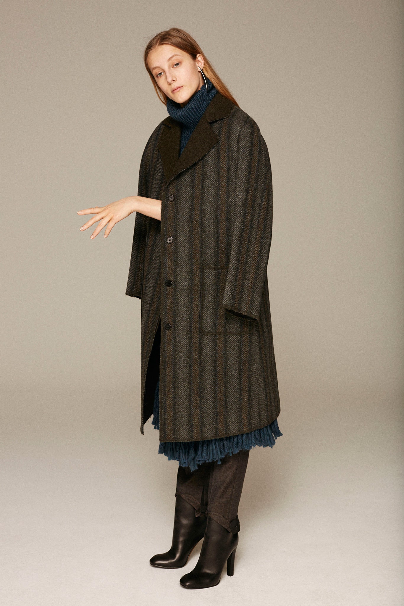 gray wool coat with blue dress