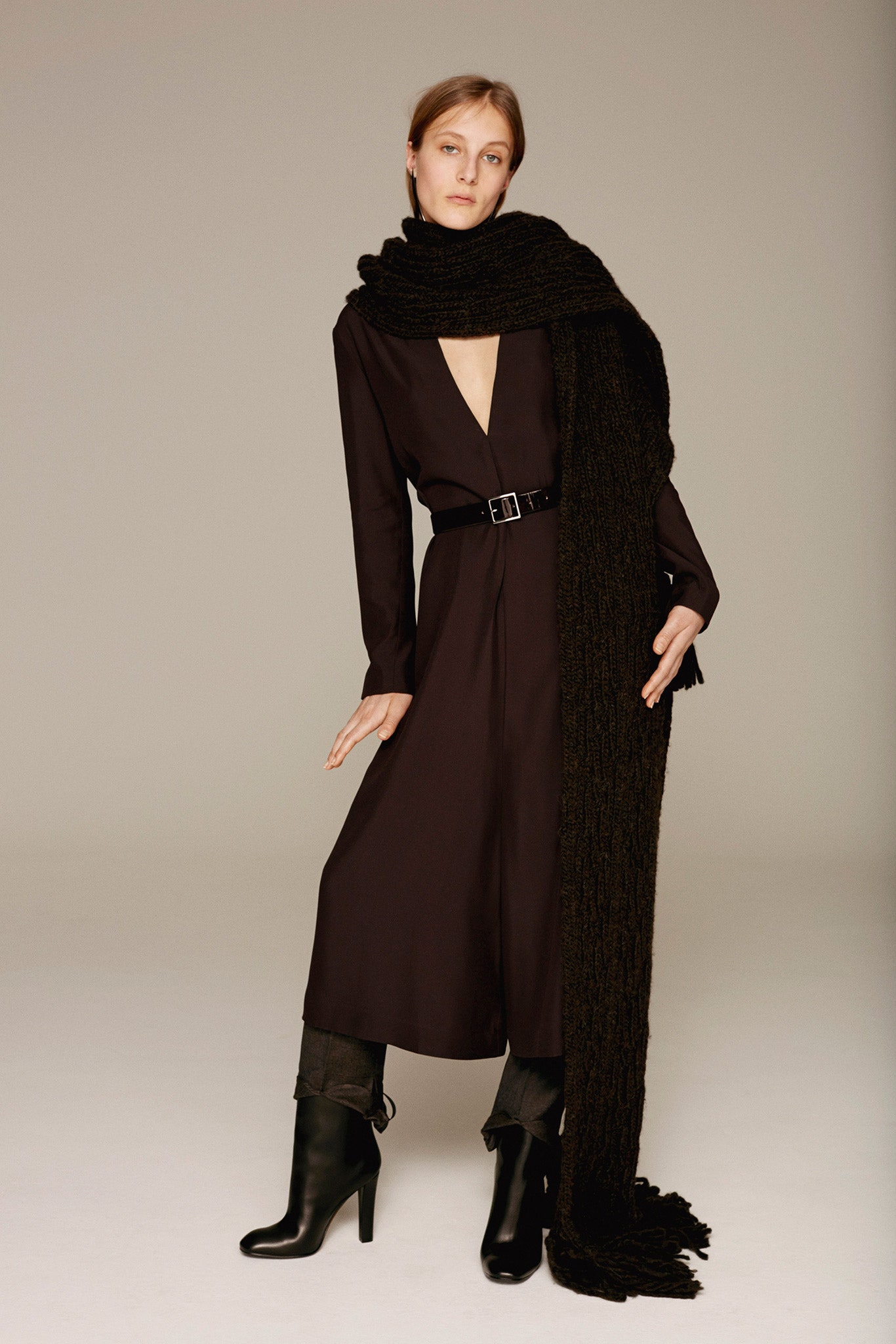 black fitted midi dress with scarf