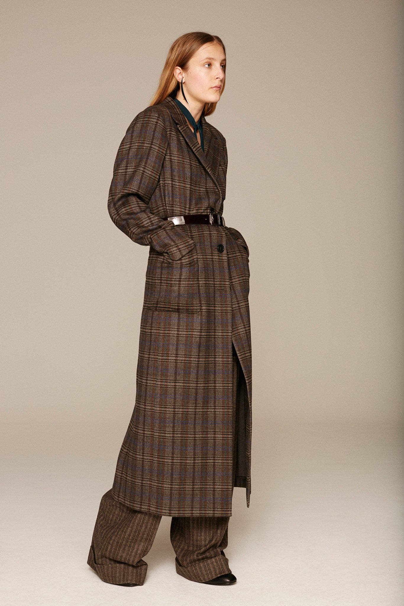 brown checked coat with tailored pants