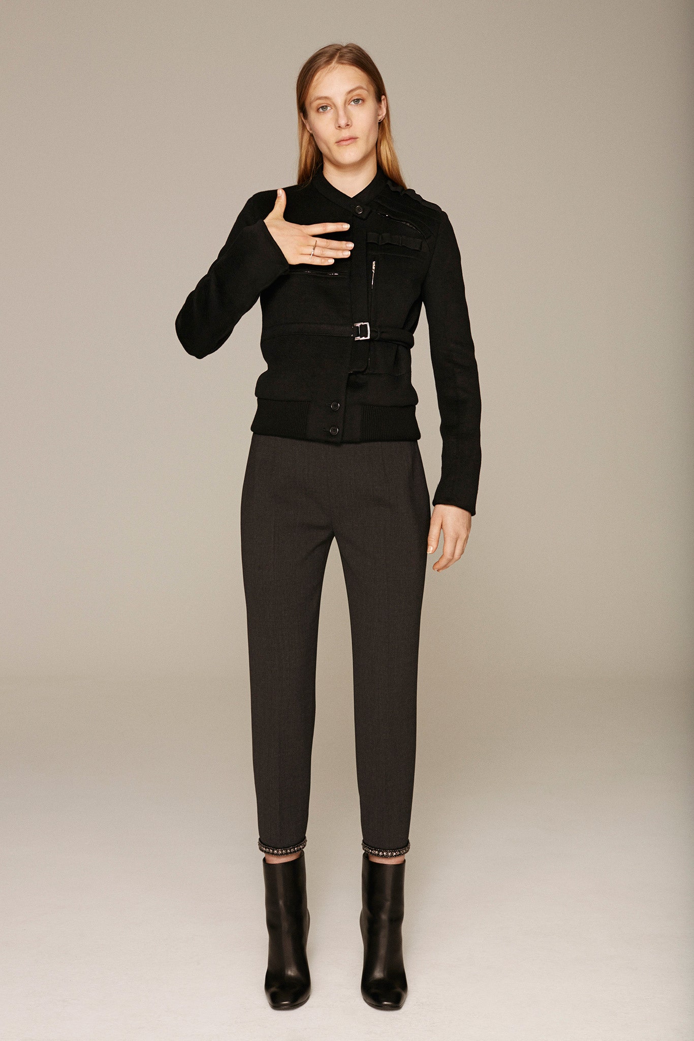 black fitted jacket gray tailored pants