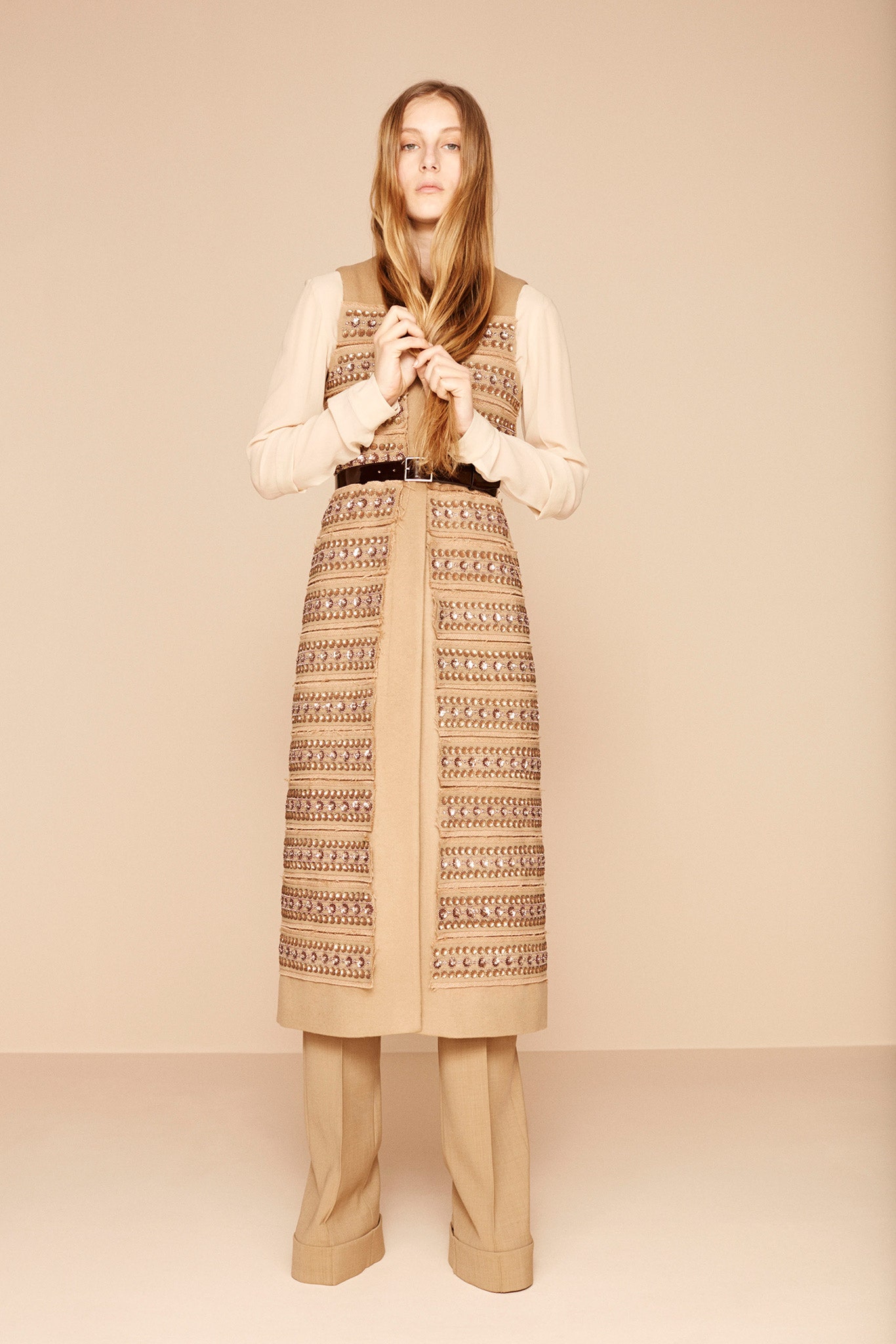beige embroidered midi dress with tailored pants