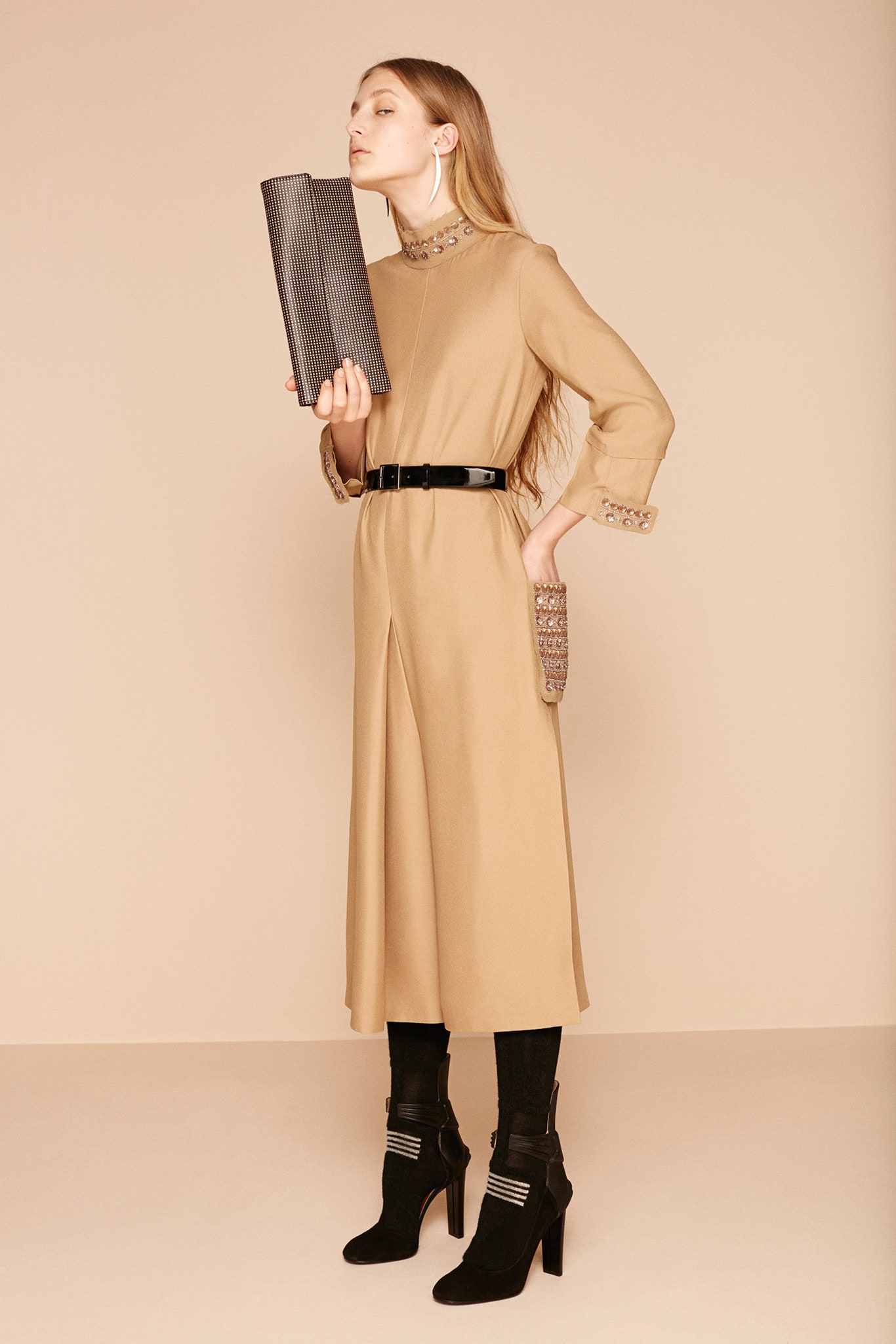 beige silk belted midi dress