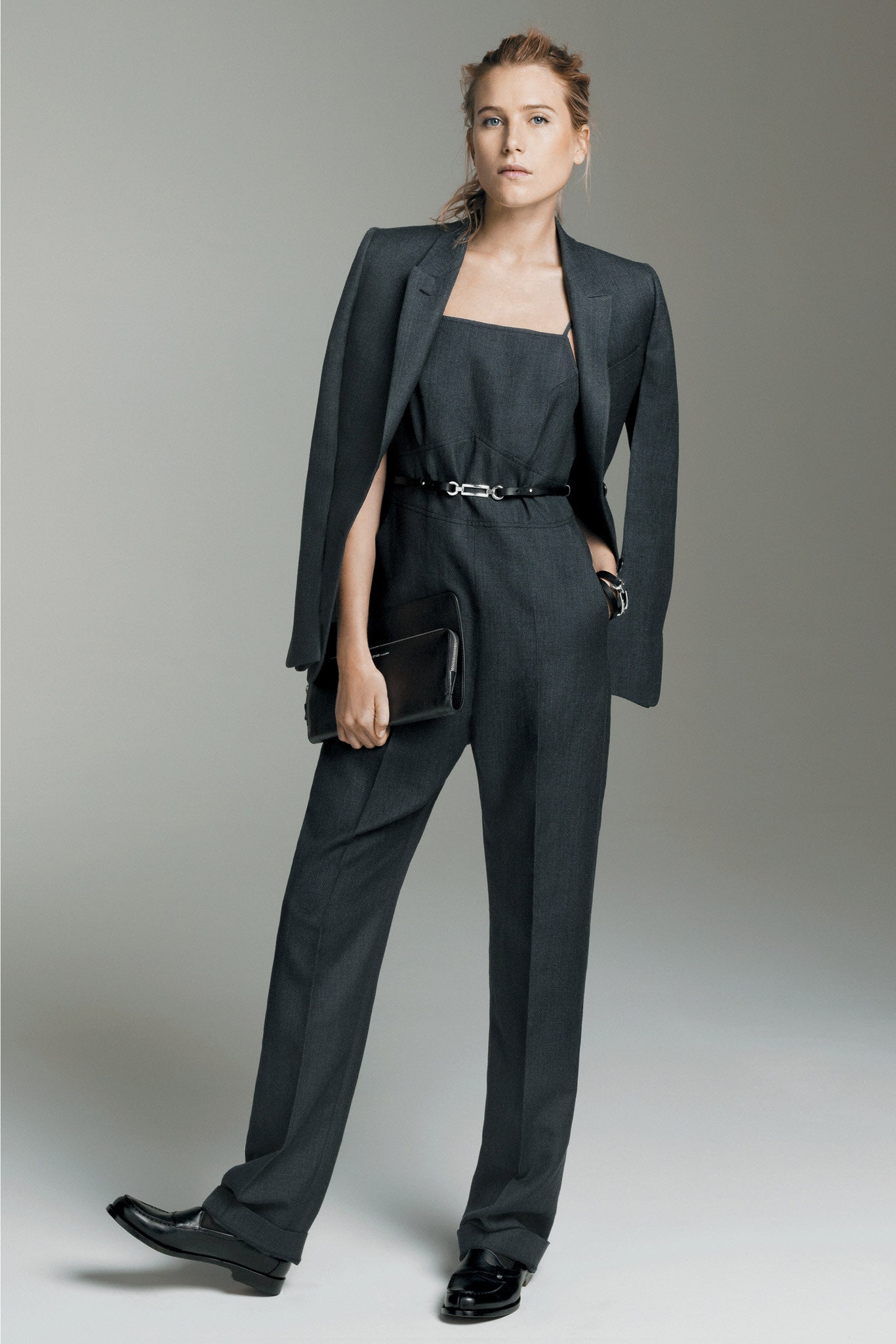 gray wool long-sleeve collared tailored buttoned jacket