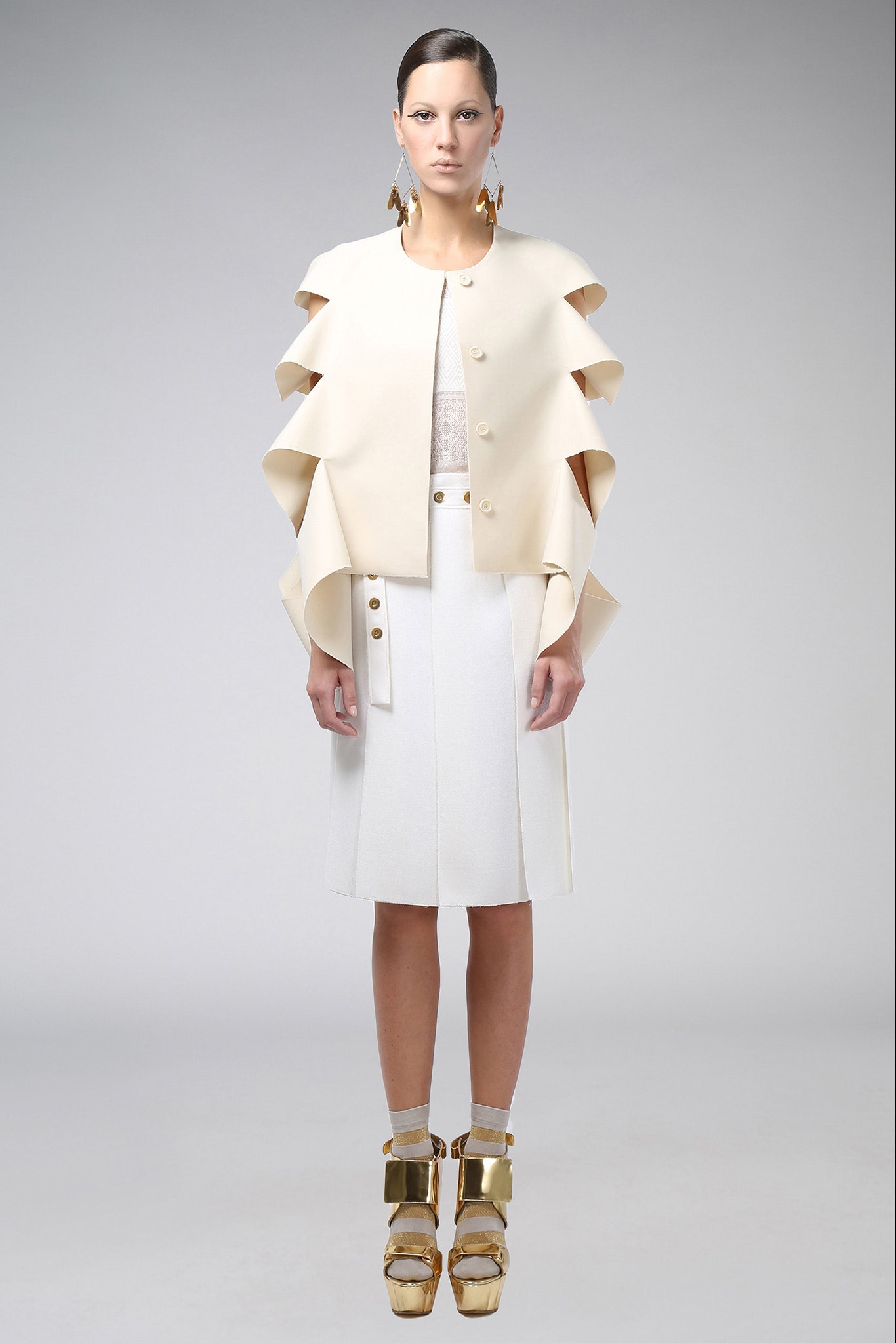 white cotton long-sleeve collared structured layered buttoned cape