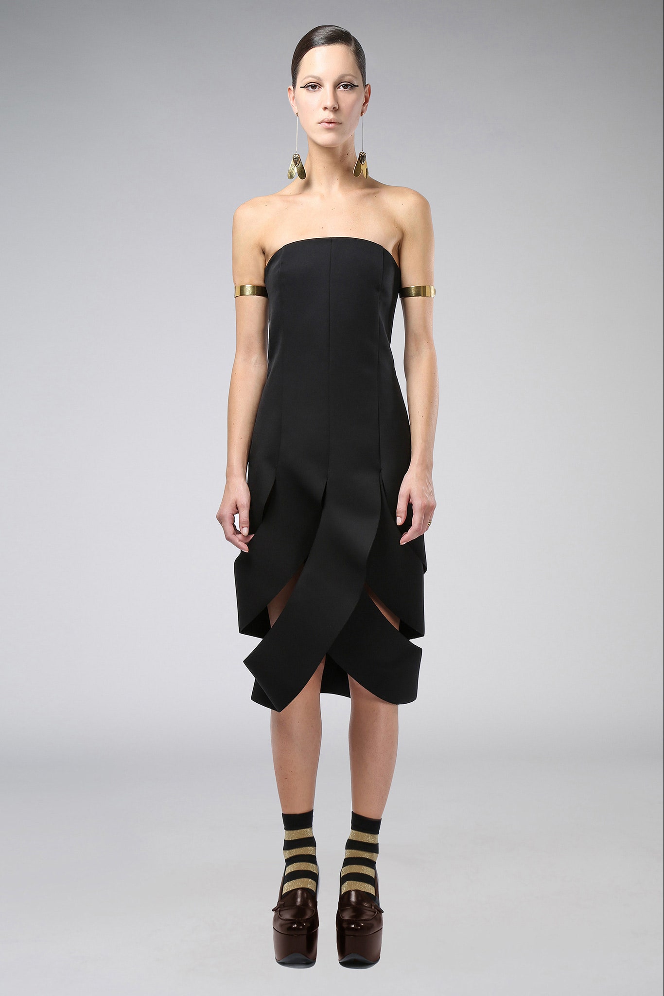 black strapless asymmetric dress
