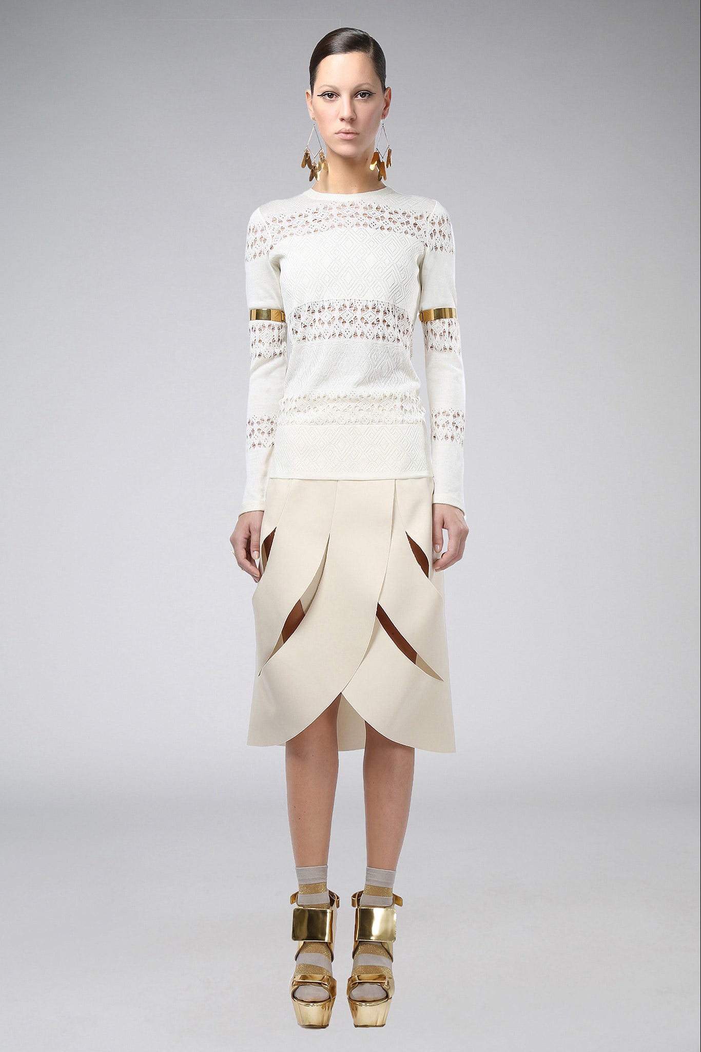 white embroidered top beige skirt