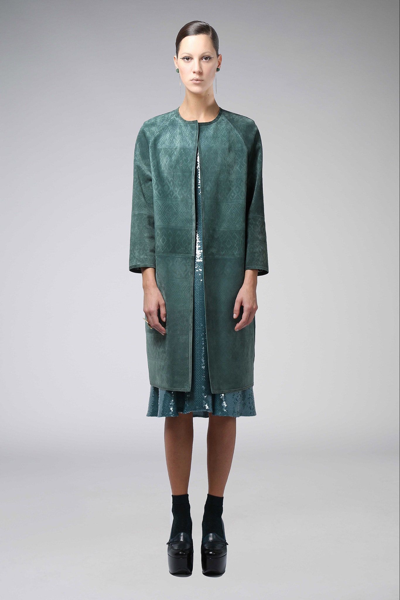 green silk long-sleeve collared fitted layered coat