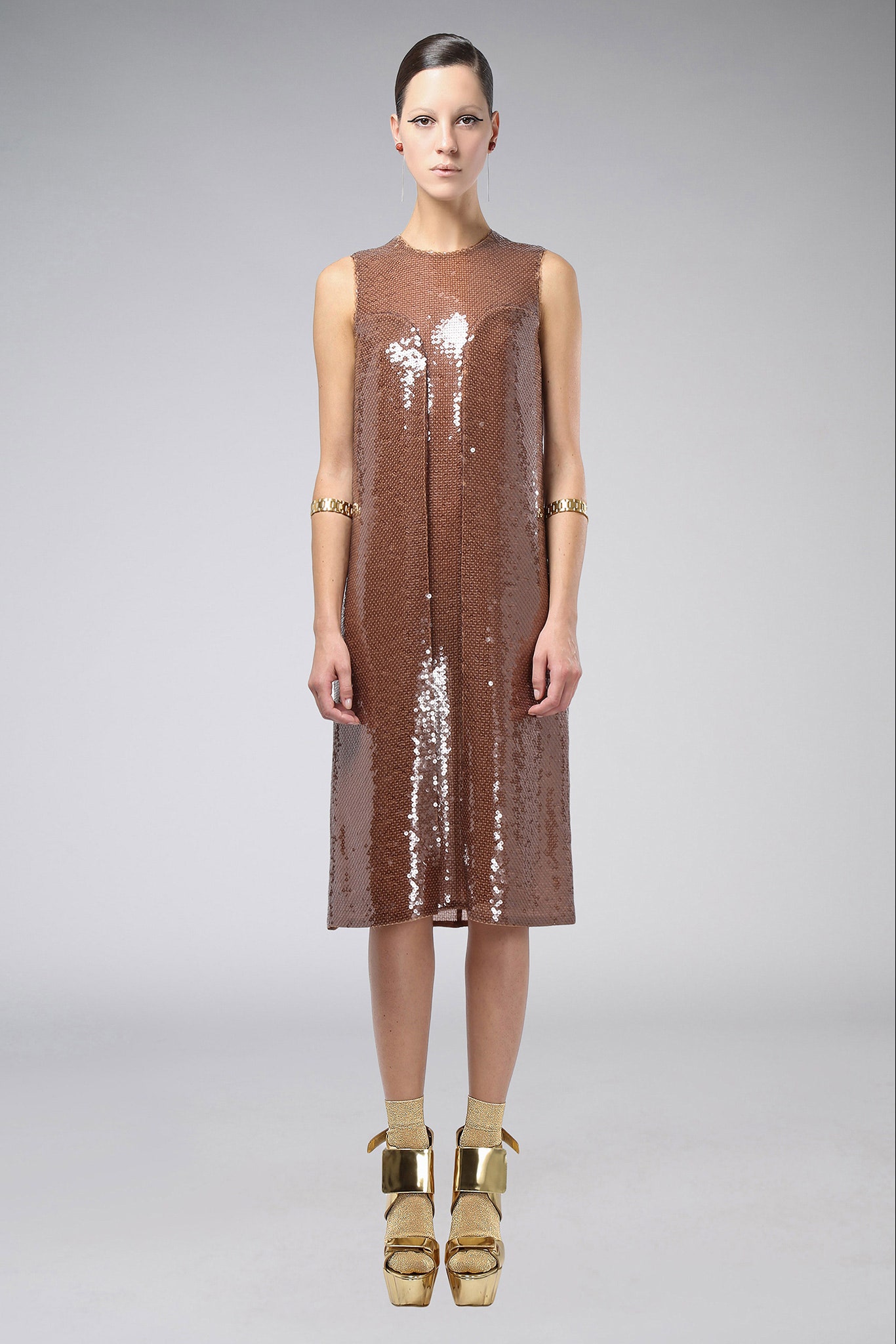 brown sequin sleeveless dress