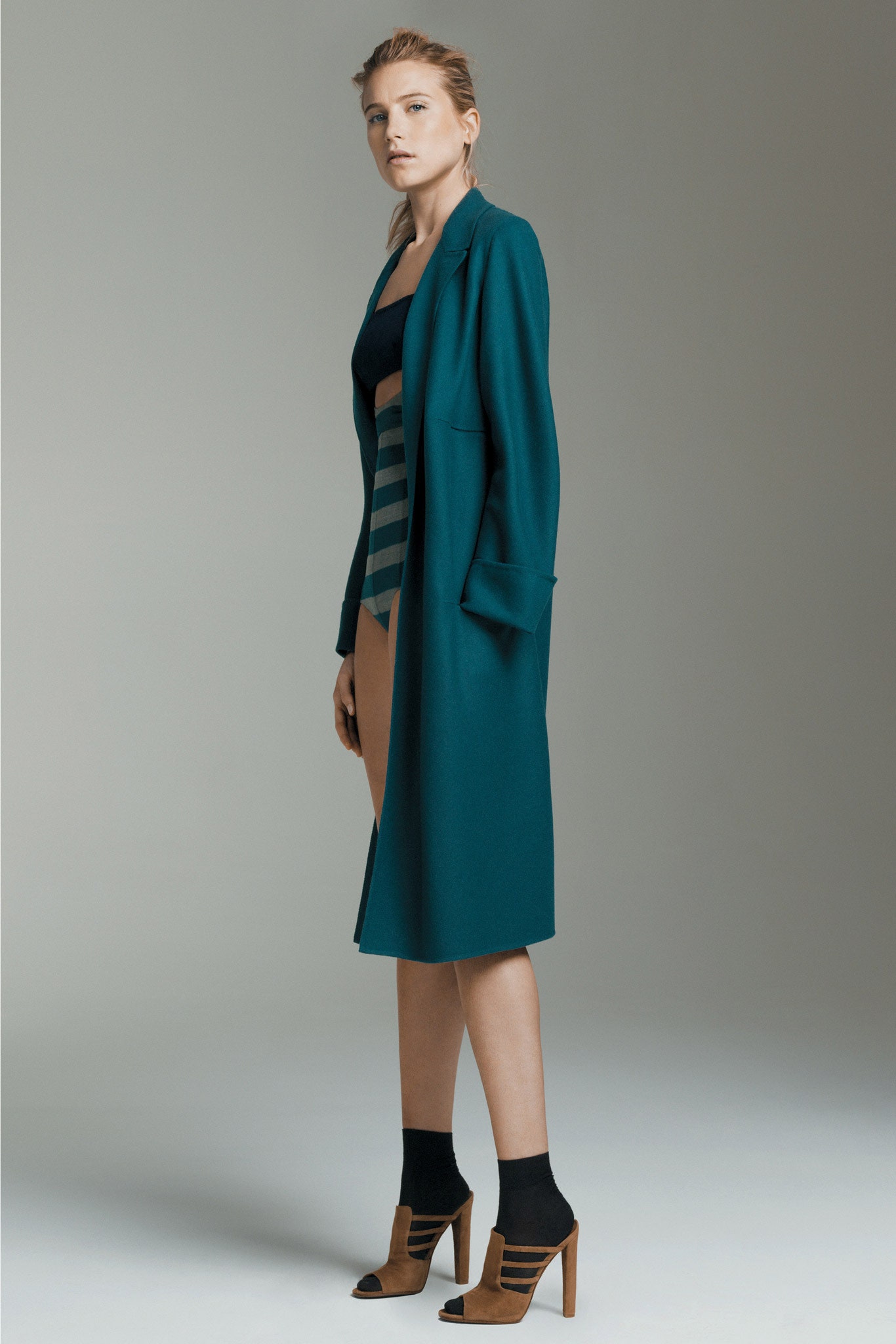 teal wool long-sleeve collared relaxed straight-leg midi coat