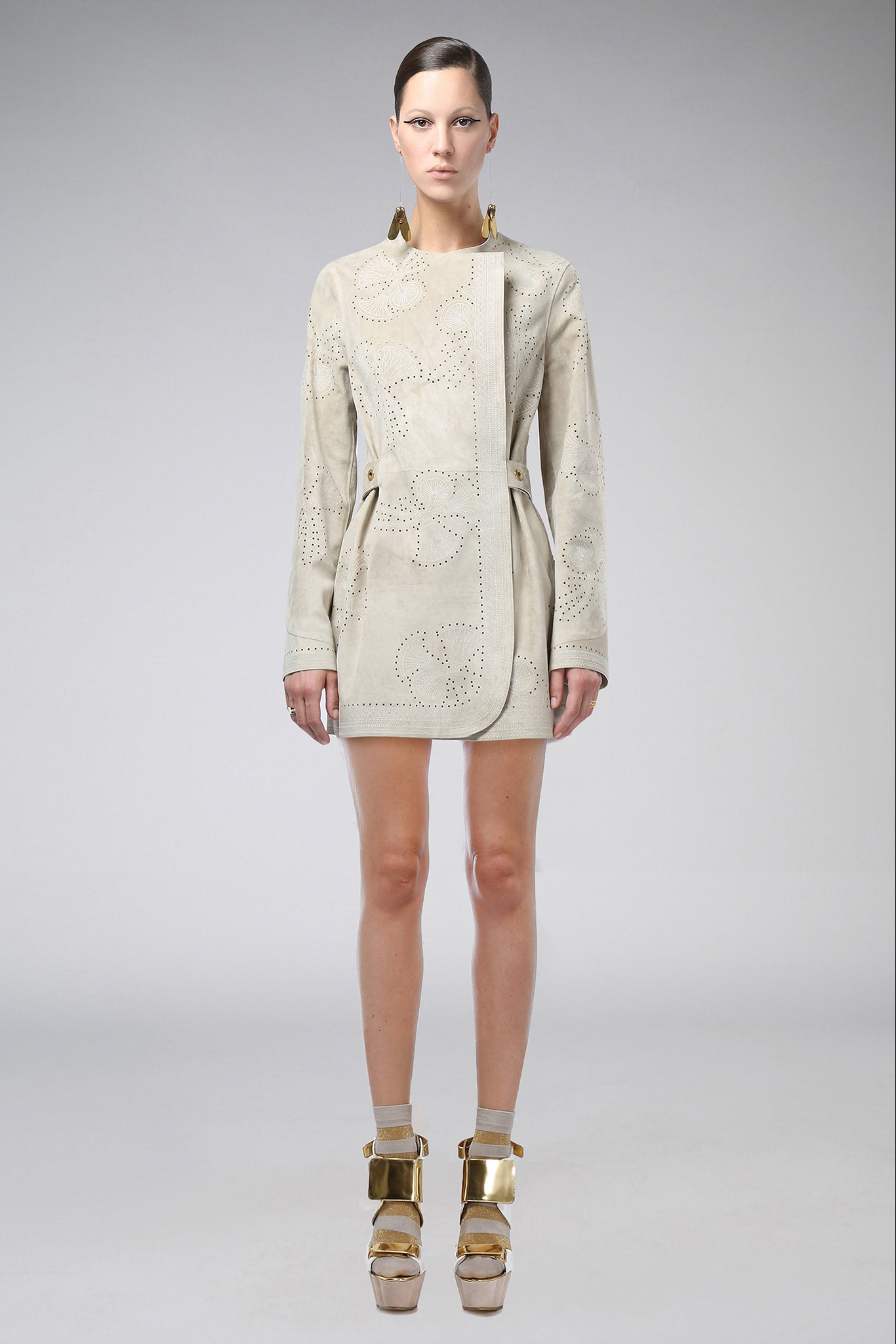 beige suede long-sleeve collared fitted embroidered zippered jacket