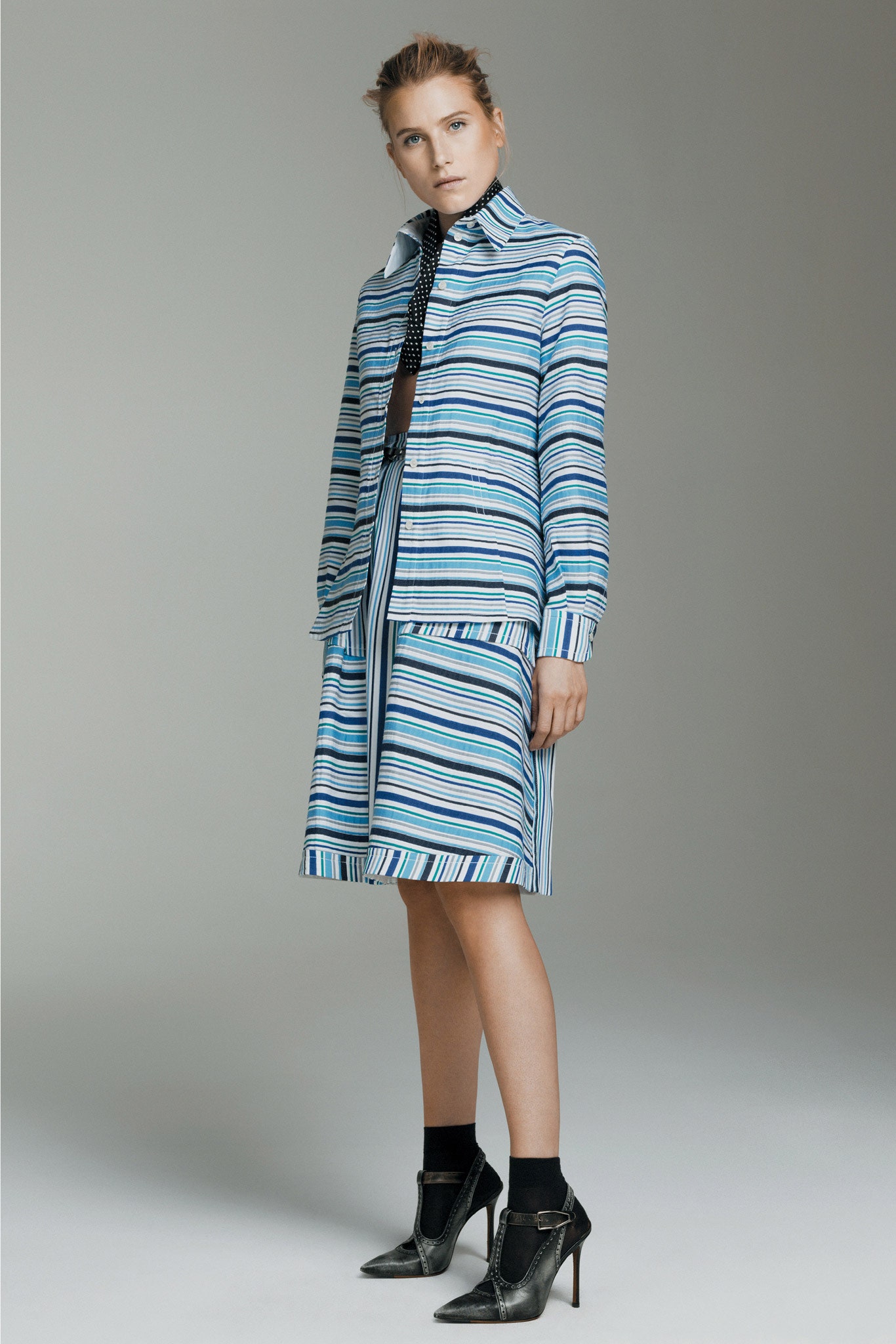 blue and white striped jacket and skirt