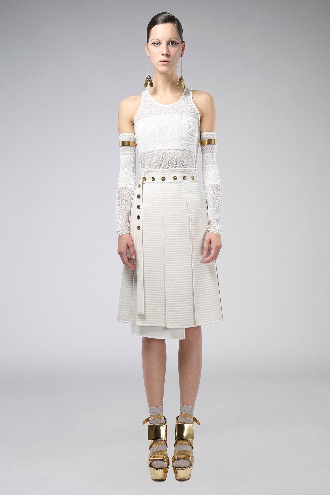 white lace top and pleated skirt