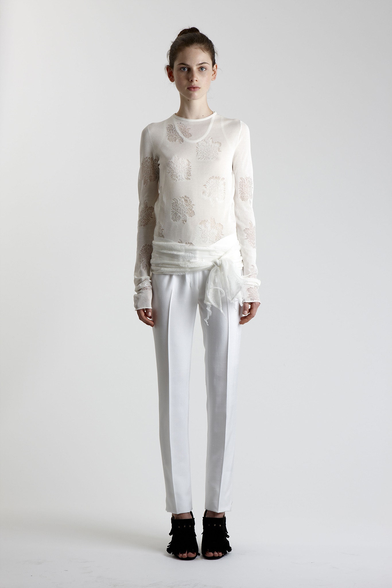 white lace top with tailored pants