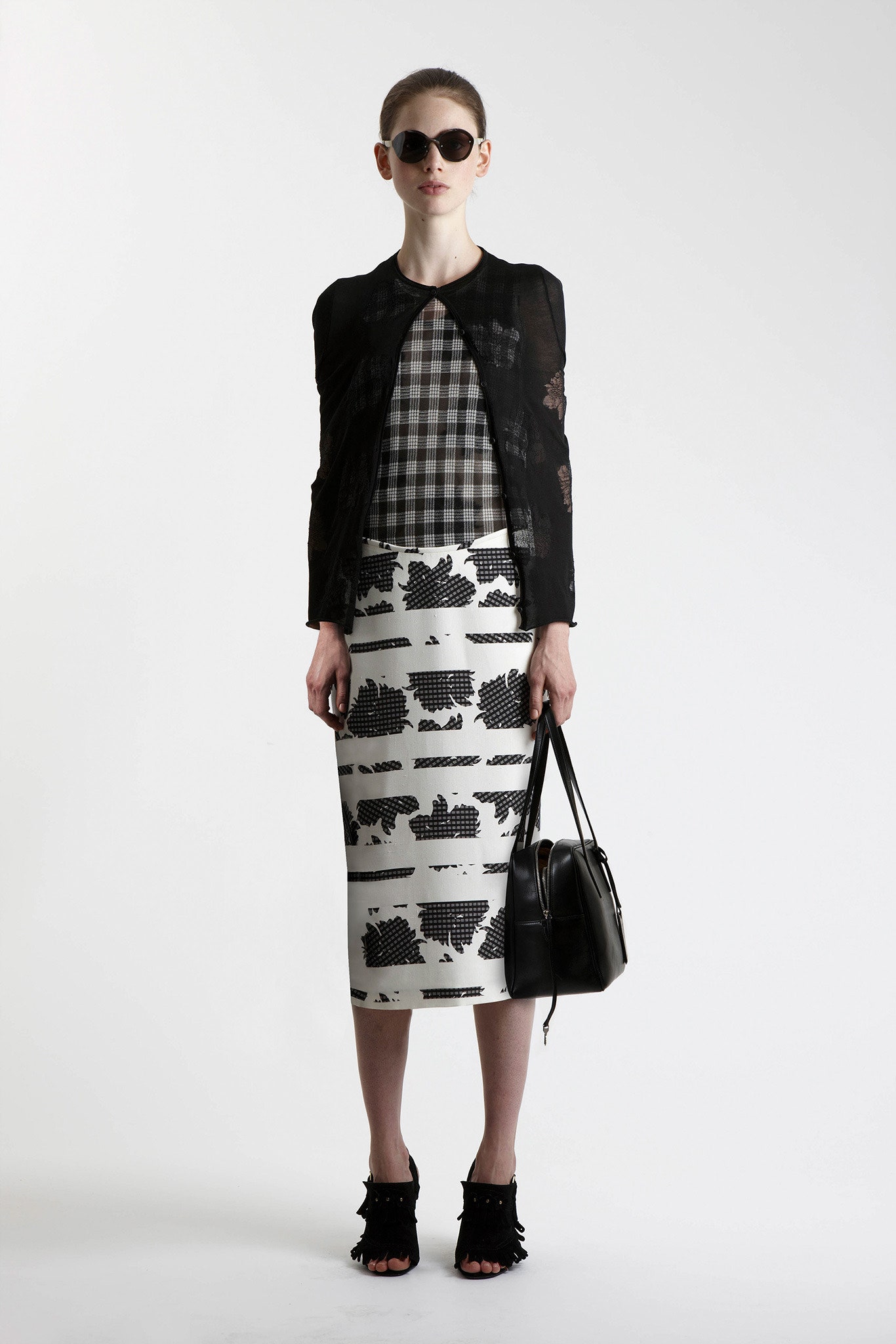 black silk fitted jacket with checked top and midi skirt