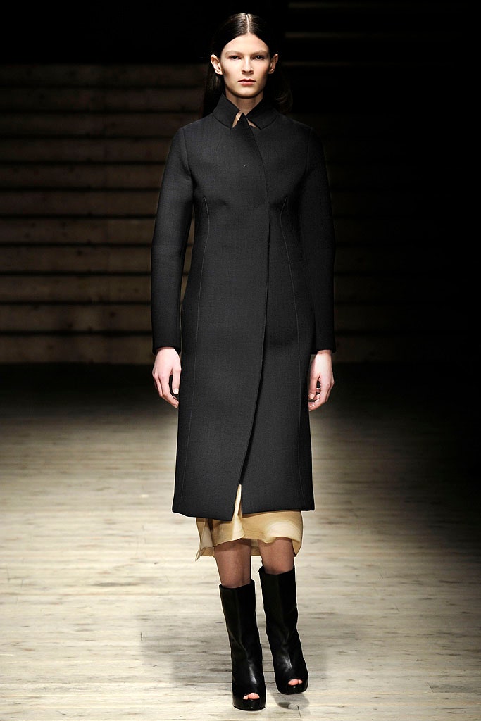 black wool coat with beige dress