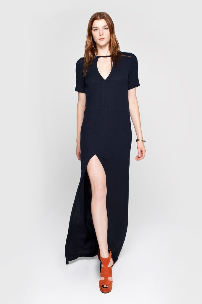 black cotton short-sleeve v-neck fitted straight-leg maxi dress