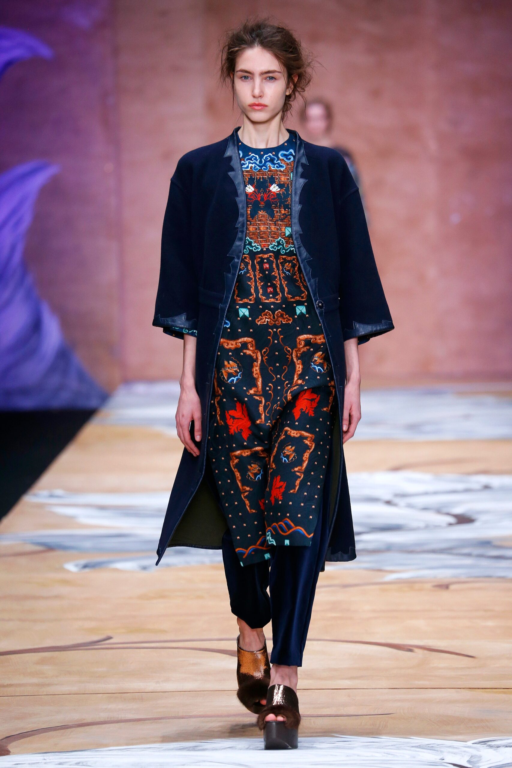 blue coat multi printed dress
